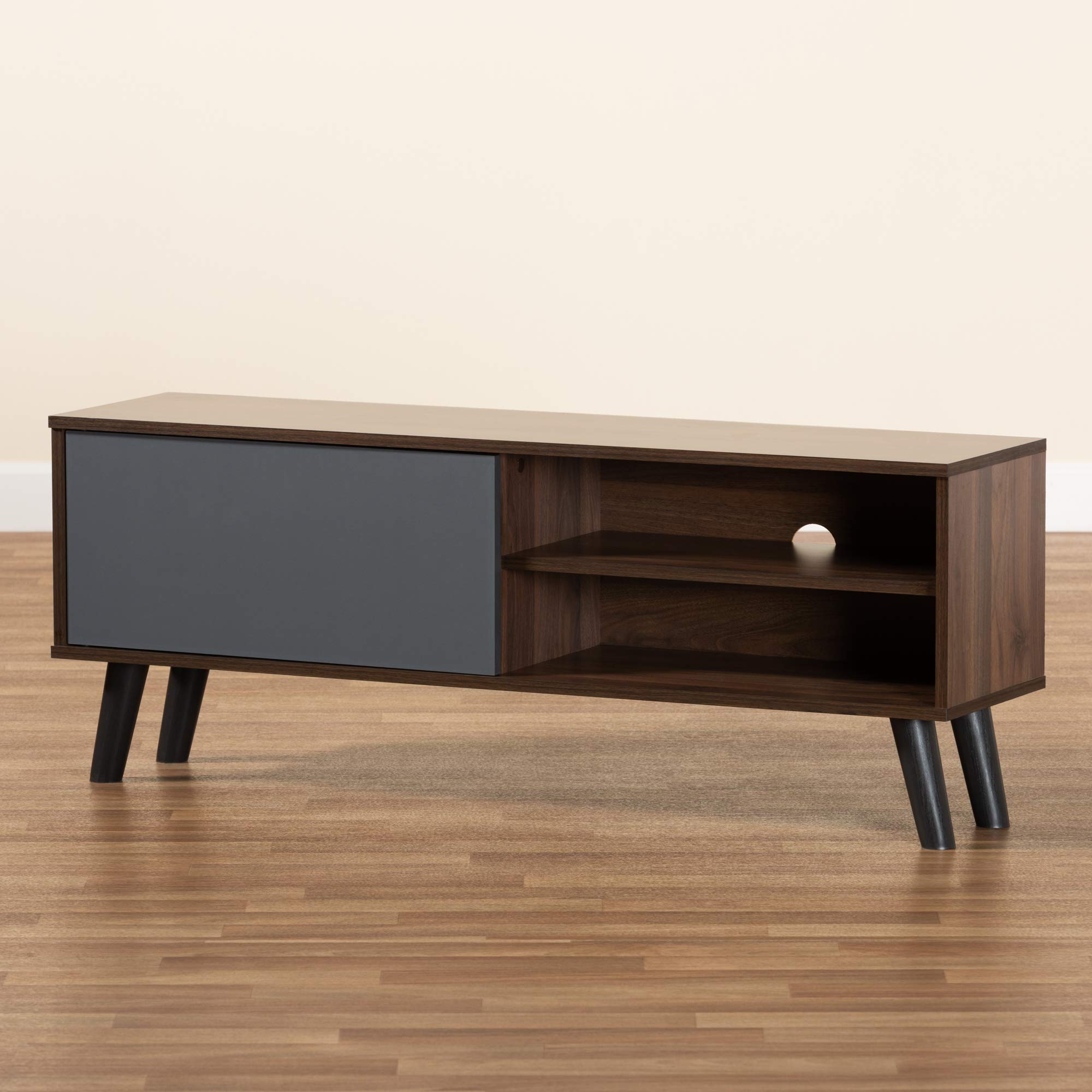 Baxton Studio Mallory TV Stand for Living Room - Modern Grey, Walnut Brown & Black Entertainment Center with Storage | Perfect for TVs up to 65