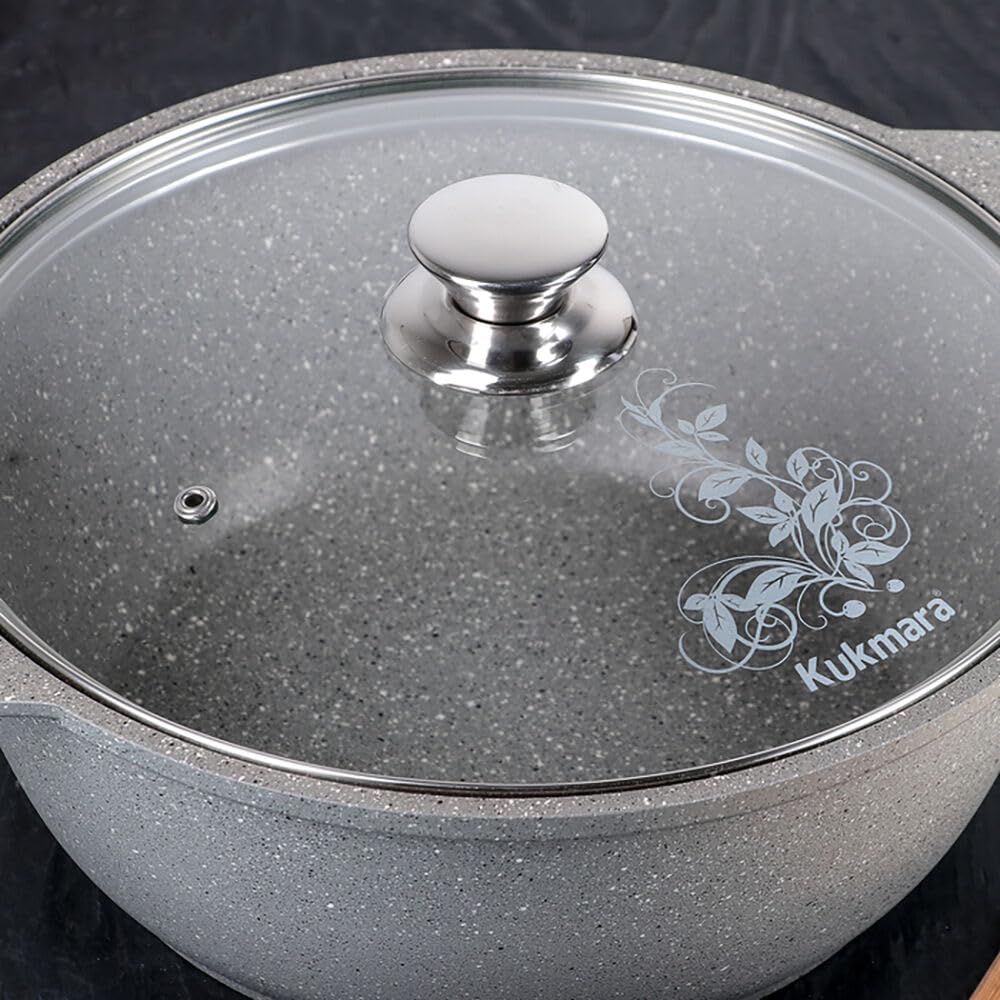 Non-Stick Aluminum Wok Kazan Dutch Oven Pot with Glass Lid - 3.2 Quart (3L) Light Marble Camping Cookware for Outdoor Cooking & Home Kitchen Use - Perfect for Stir-Frying, Stewing, and Campfire Meals