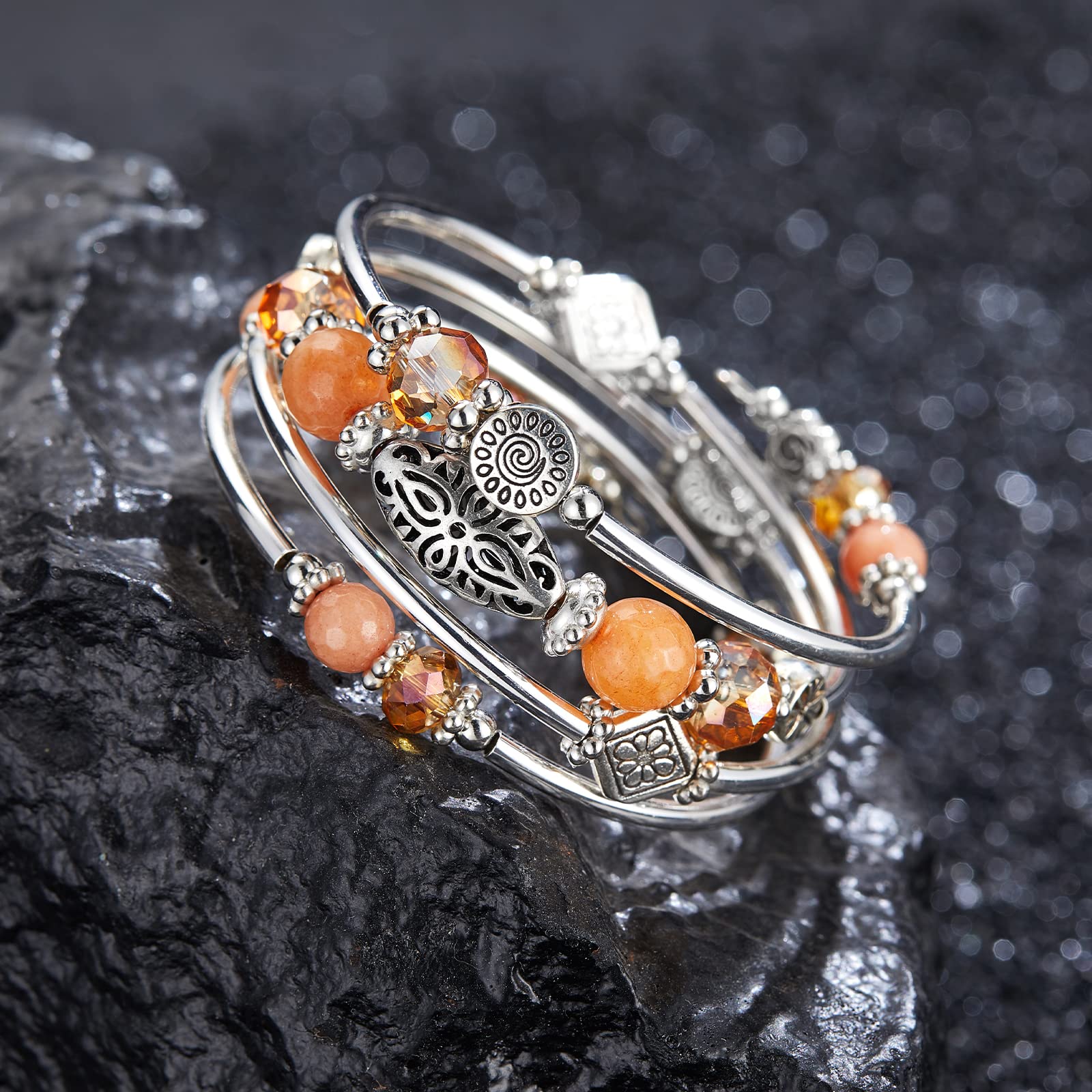 Stackable Boho Beaded Bracelets for Women - Autumn Wrap Silver Jewelry Gift for Her, Perfect for Layering & Casual Wear