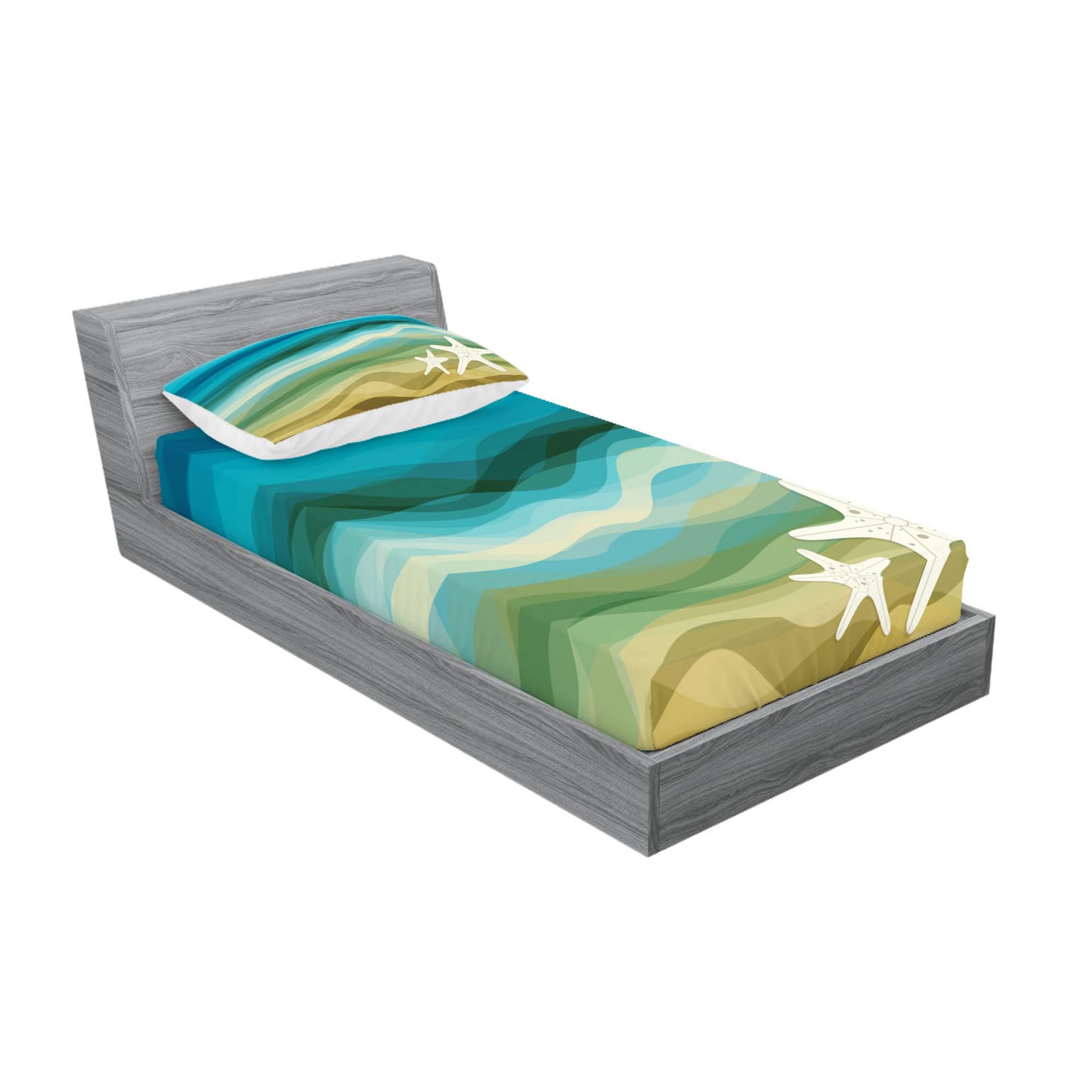 Ambesonne Abstract 2-Piece Twin Fitted Sheet Set with 2 Pillow Shams - Modern Ocean Waves & Starfish Design - Blue & Beige Bedding Decor - Perfect for Guest Rooms, Beach Houses & Coastal Themed Bedrooms