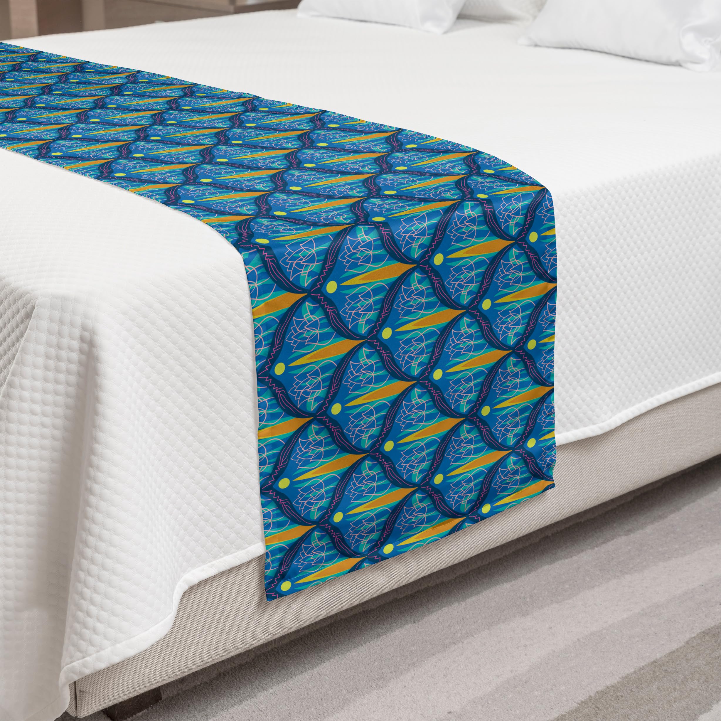 Ambesonne Antique Oriental Bed Runner - Bohemian Tulip Blossom Design with Retro Curly Frames, Decorative Bed Scarf for King Size Beds | Perfect for Hotels, Homes & Guest Rooms (Violet Blue & Ginger) | Adds Elegant Bohemian Style to Bedroom Decor