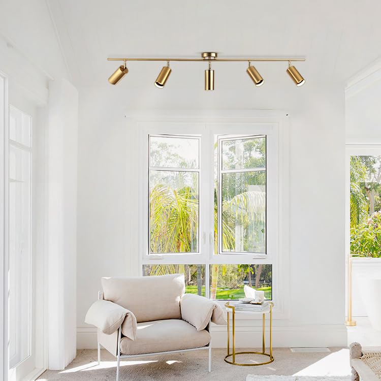 KCO Lighting Modern 5-Lights LED Track Lighting Kit - Brushed Brass Adjustable Flush Mount Ceiling Spotlights for Kitchen, Dining Room & Living Room - Mid Century Gold Light Fixture (5 Lights) - Perfect for Task Lighting and Accent Illumination