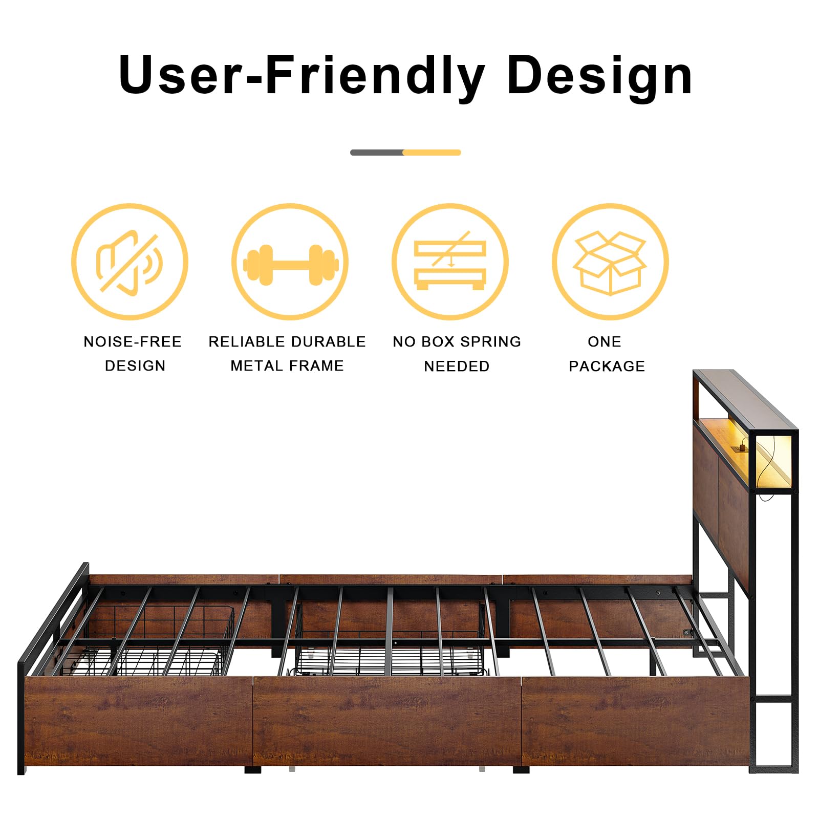 HAUSOURCE Queen Size Bed Frame with Storage Headboard, 4 Drawers & LED Lights - Sturdy Metal Platform Bed with Non-Slip Design & Quiet Mattress Foundation - No Box Spring Needed - Perfect for Small Bedrooms, Guest Rooms & Apartments