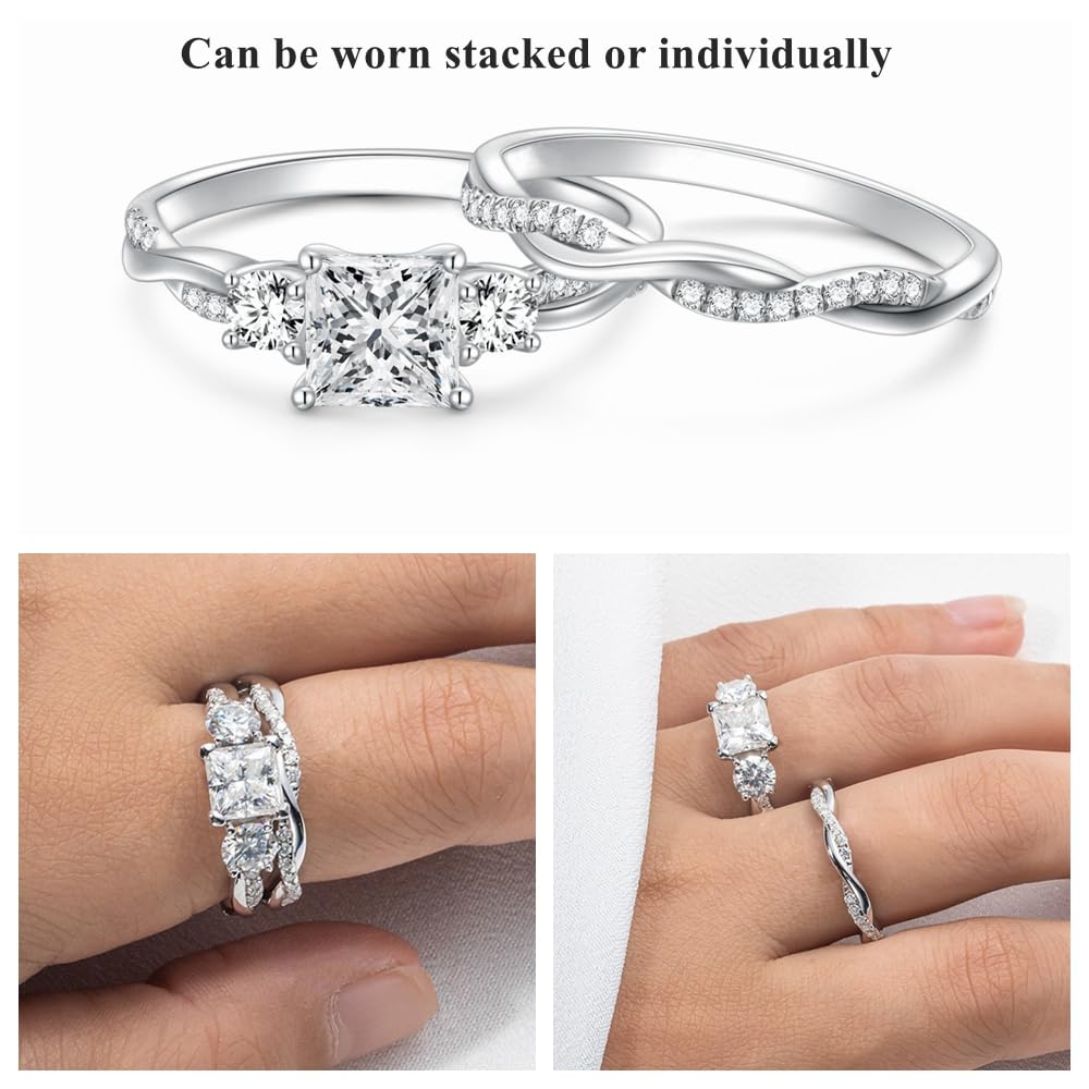 1.5 Carat (ctw) Princess Cut Moissanite Wedding Ring Set for Women - 14K White Gold Plated Silver Infinity Twist Engagement & Bridal Set - Perfect for Proposals, Anniversaries, and Special Occasions