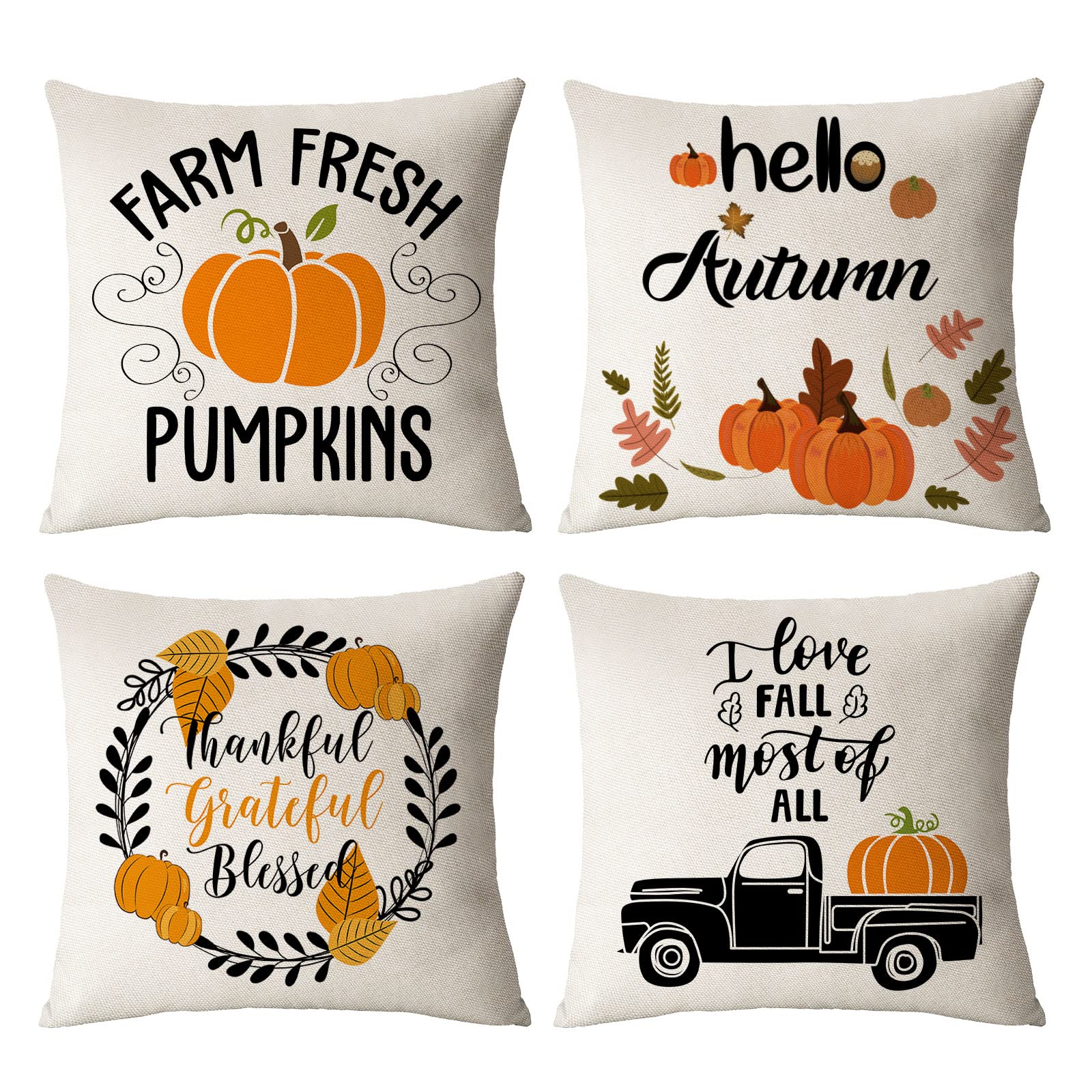 4 Pack 20x20 Inch Fall Thanksgiving Pillow Covers - Pumpkin & Autumn Leaves Decor for Sofa, Couch, Bed - Seasonal Home & Outdoor Decor (20x20) - Perfect for Thanksgiving, Halloween, and Cozy Fall Home Styling