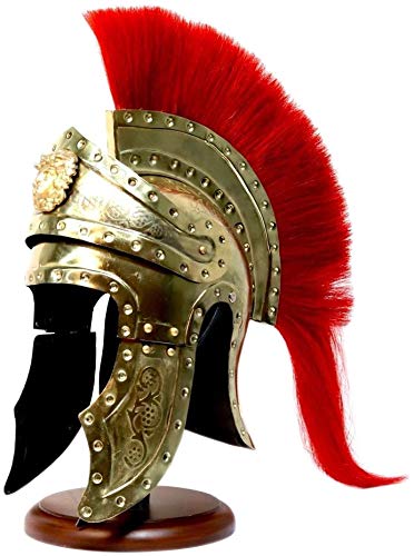 Roman Centurion Helmet - Medieval Knight Armor Costume with Red Plume & Gold Finish | Halloween Cosplay, Historical Reenactment, Theater Costume, Collectible Display