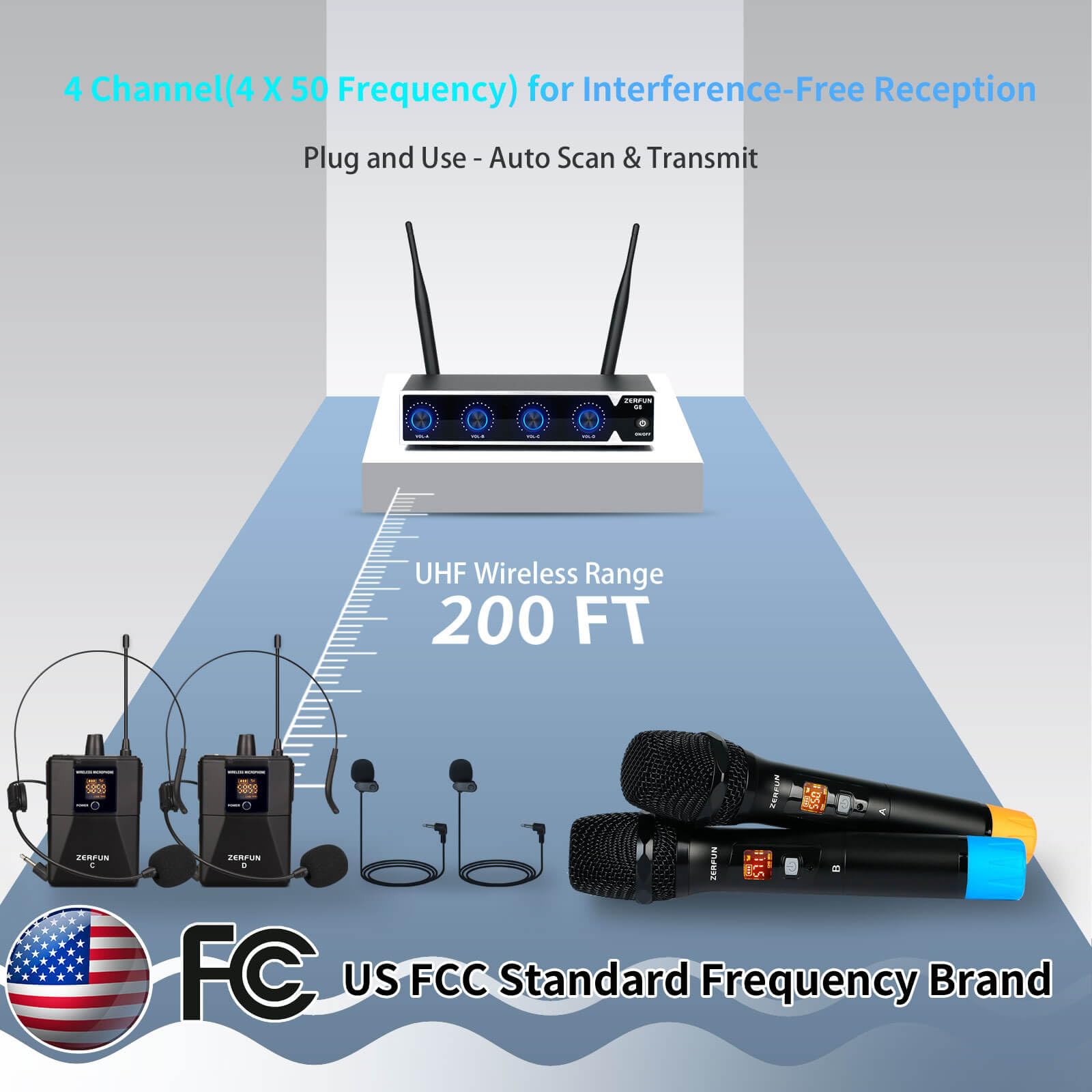 4 Channel UHF Wireless Microphone System - Pro Metal Cordless Handheld & Lavalier Mics for Church, Karaoke, Singing & Events (4x50 Adjustable Frequency, Includes 2 Handheld & 2 Bodypack Mics with G8 Batteries) - Perfect for Worship Services, Live Performances & Home Karaoke Parties