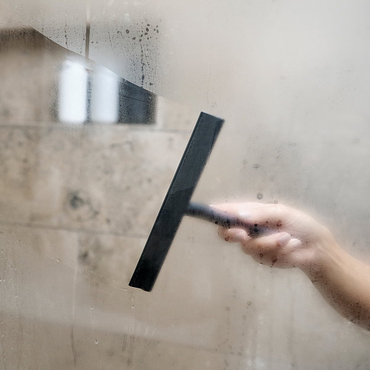 ZONE DENMARK Rim Shower Wiper with Holder - Small Black Shower Squeegee for Glass Doors, Tiles & Mirrors - Bathroom Cleaning Tool for Streak-Free Shine