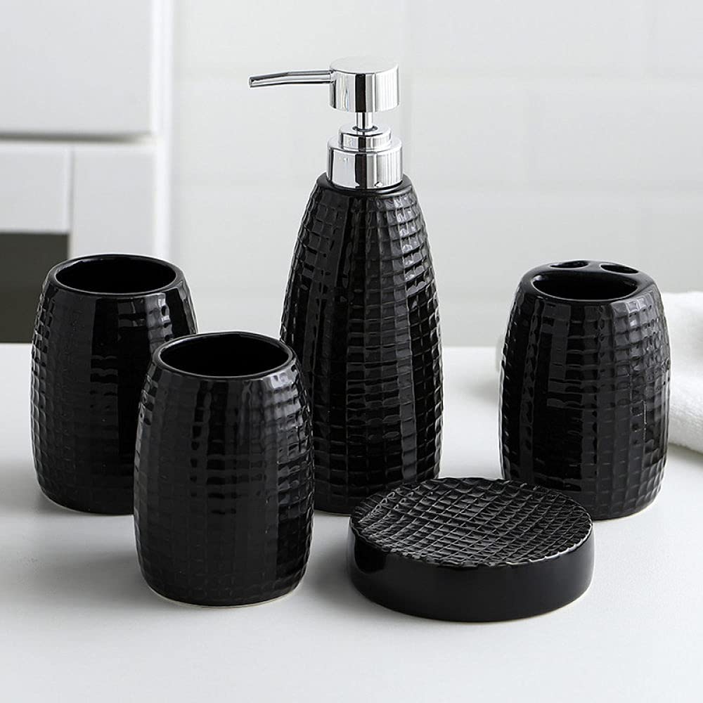 ZYQZXHN 5-Piece Ceramic Bathroom Accessories Set - Nordic Minimalist Black Square Soap Dispenser, Toothbrush Holder & Cup Set for Modern Bathroom Decor | Perfect for Guest Bathrooms, Master Suites & Apartment Living