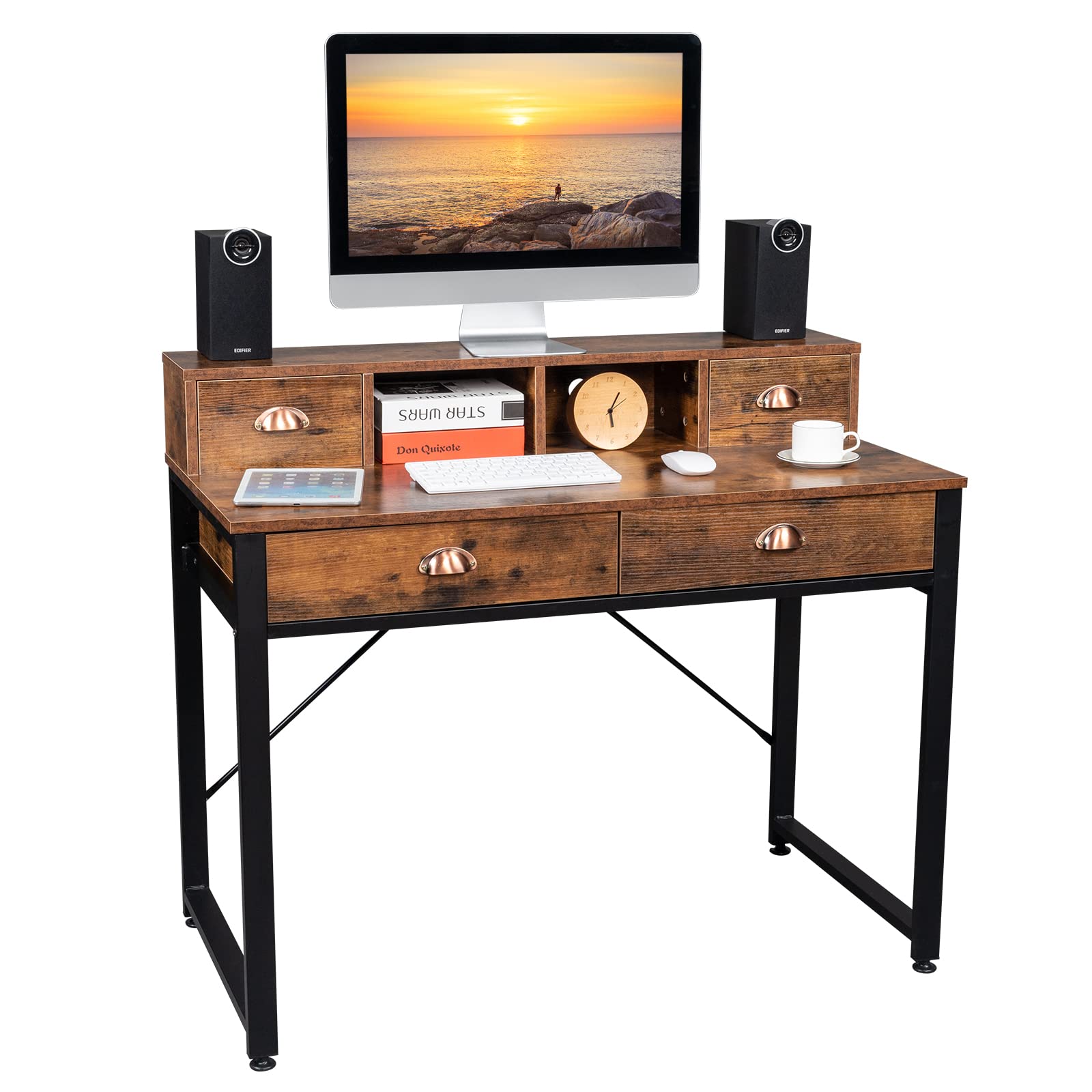 Compact Computer Desk with 4 Drawers & Hutch - Rustic Brown Home Office Desk for Small Spaces, Bedroom, Study | Perfect for Remote Work, Online Classes & Home Office Organization