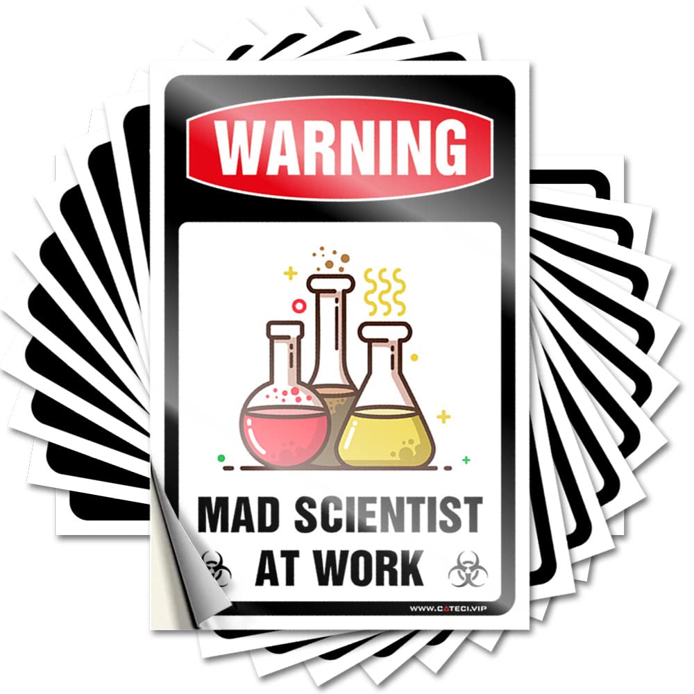 Funny Car Stickers - 10PCS Mad Scientist at Work Warning Decals for Mechanics (6x9cm) - Perfect for Toolboxes, Laptops & Workshop Humor