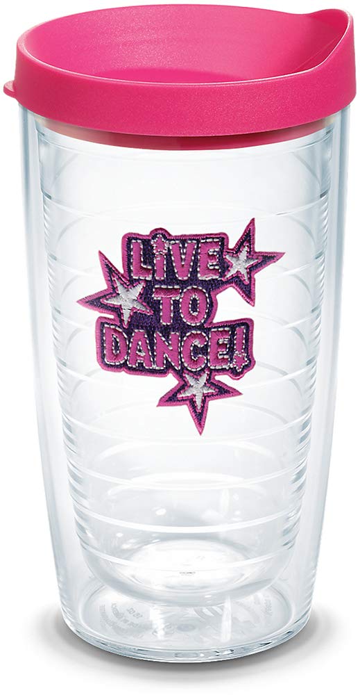 Tervis Live to Dance 16oz Insulated Tumbler with Emblem & Fuchsia Lid - BPA-Free Clear Travel Mug for Coffee, Tea & Cold Drinks - Perfect for Dancers, Gym, Office & Outdoor Activities