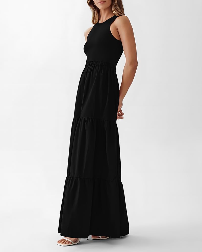 BTFBM Women's Sleeveless Summer Maxi Dress - Wedding Guest Dress with Ribbed Knit Top & Pockets | Beach Vacation, Garden Party, Cocktail Attire