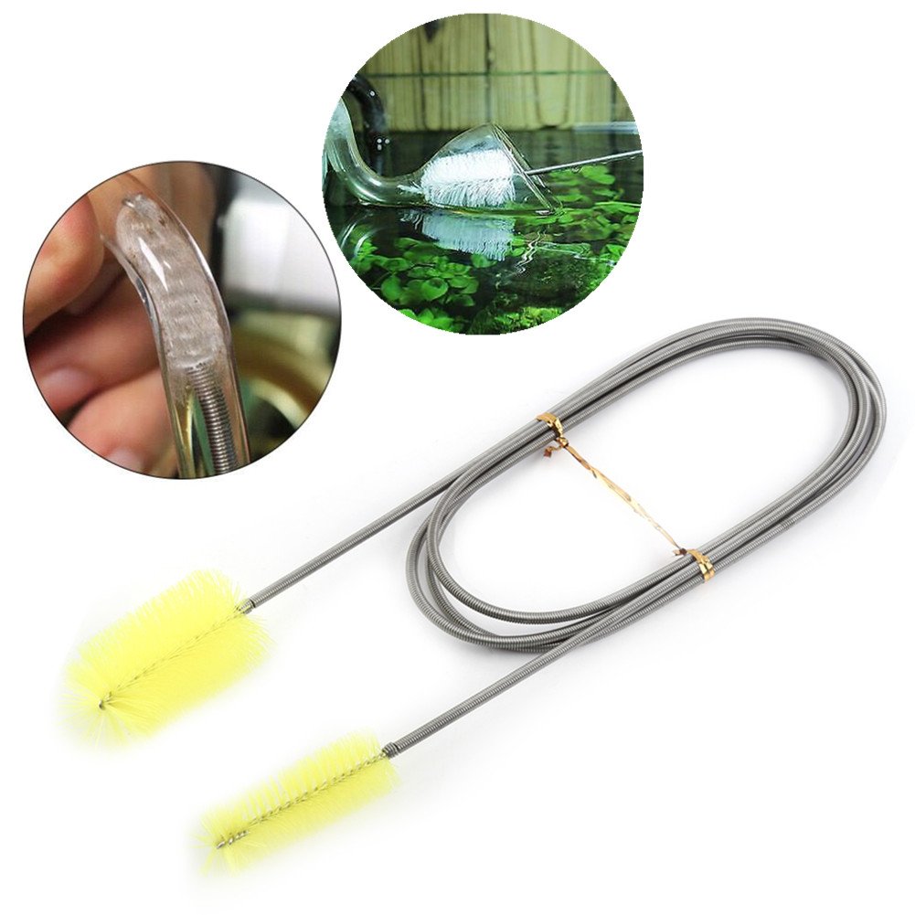 Flexible Double Tube Cleaning Brush for Water Pipes - Spring Fish Tank Brush, Durable Tube Cleaner with Long Handle (Yellow) - Perfect for Aquariums, Home Plumbing & Kitchen Sink Maintenance