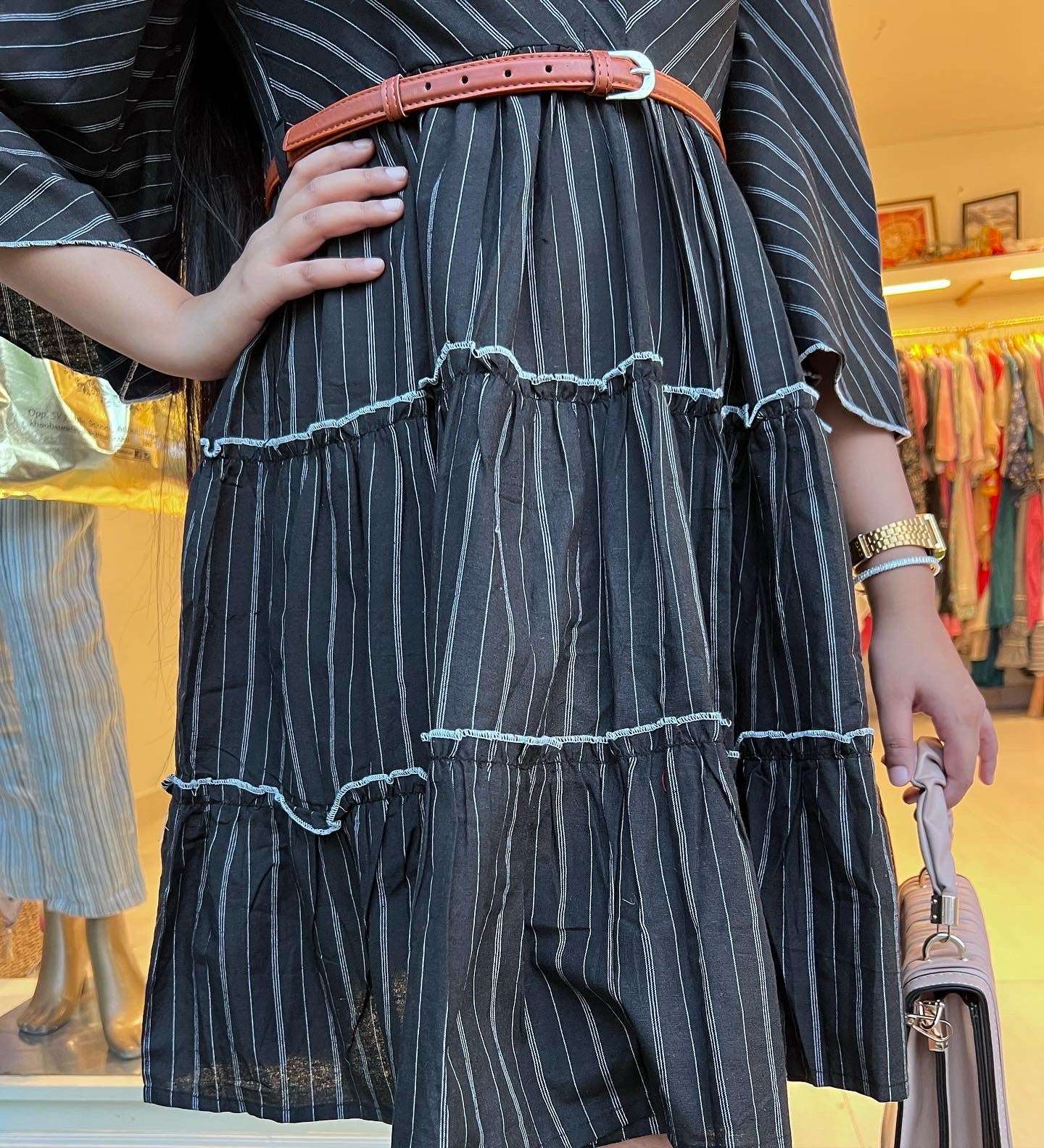 Elegant Black Stripes Midi Belt Dress for Women - Slimming Bodycon Party & Office Wear - Perfect for Cocktail Events, Date Nights & Professional Occasions