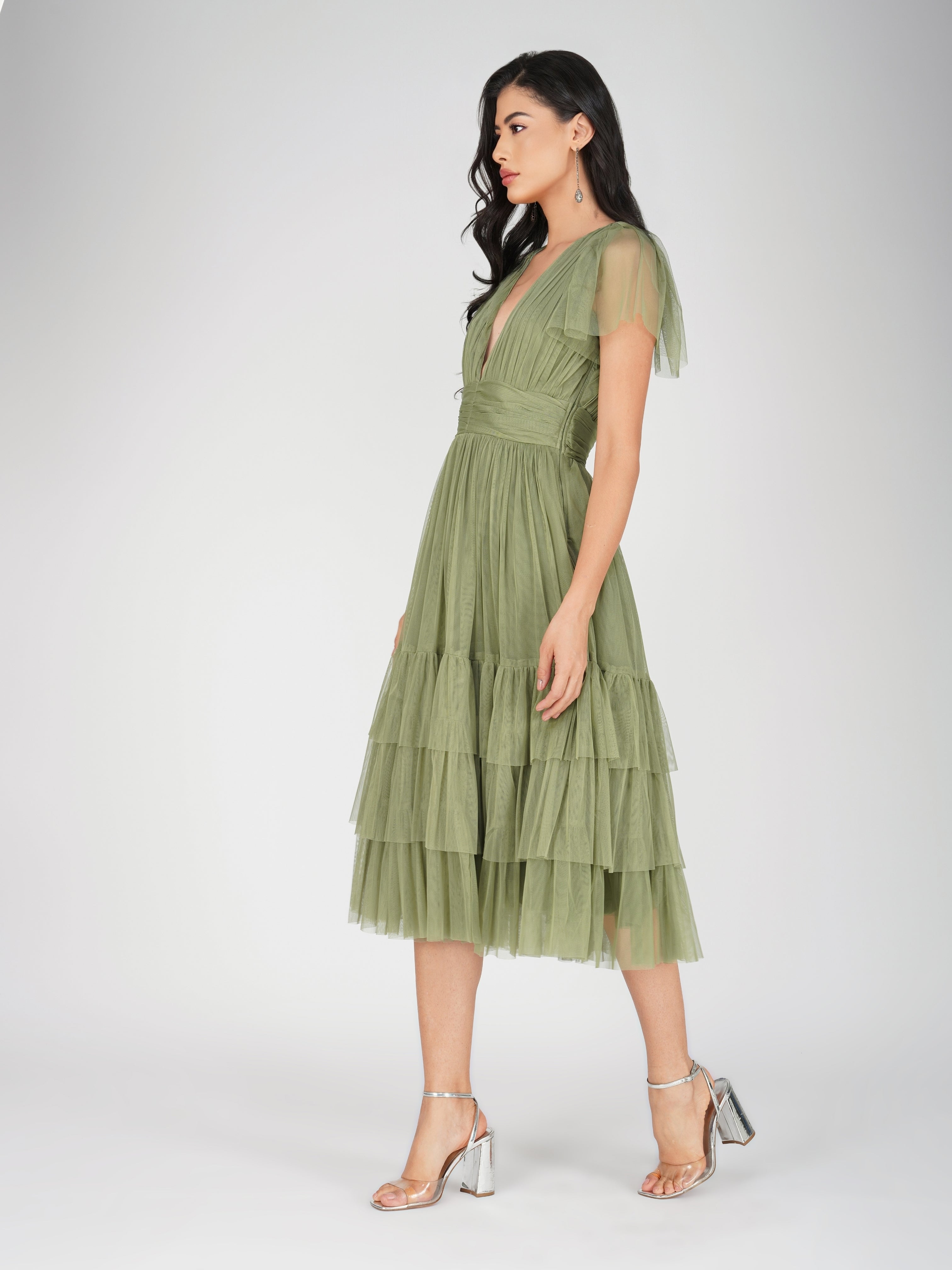 Madison Soft Olive Tulle Bridesmaid Midi Dress - Elegant Wedding Party Gown for Bridesmaids, Formal Occasions & Special Events