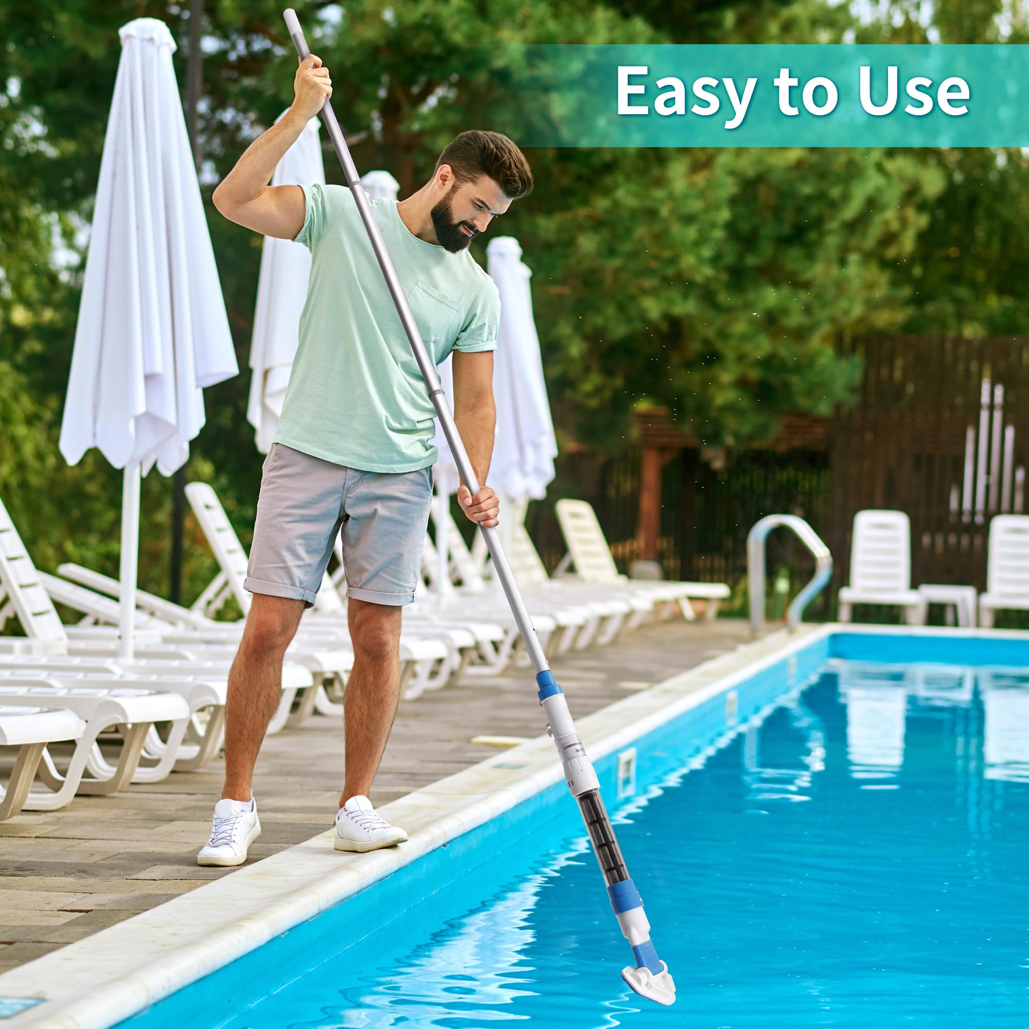 Cordless Handheld Pool Vacuum Cleaner with Replaceable Brush Head & Telescopic Pole - Rechargeable Spa & Hot Tub Cleaner for Above Ground Pools | Perfect for Quick Cleaning of Small Pools, Hot Tubs, and Spas