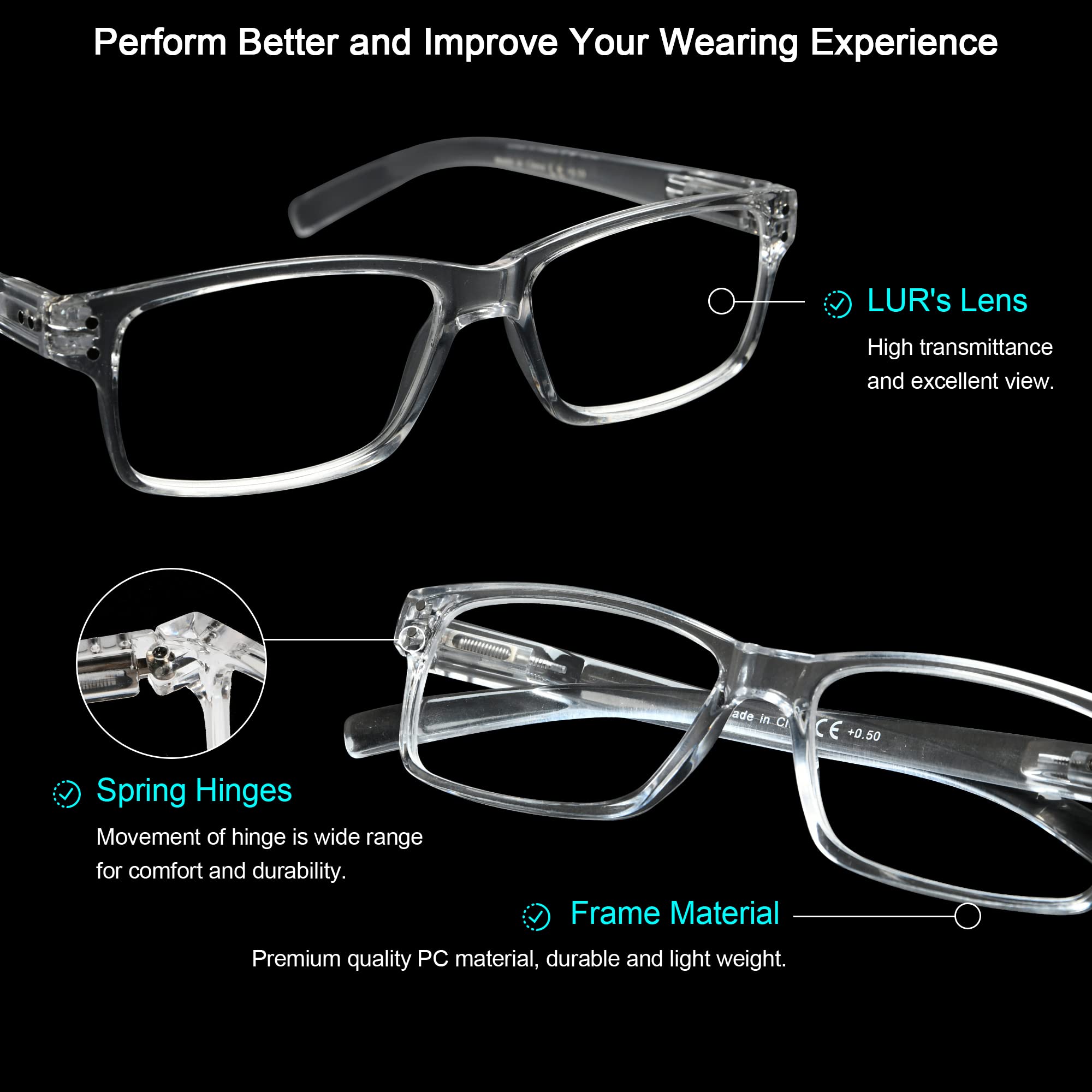 6 Pack LUR Reading Glasses with Spring Hinge - Comfortable Plastic Readers for Men & Women (Clear) - Perfect for Reading, Office Work, and Daily Use