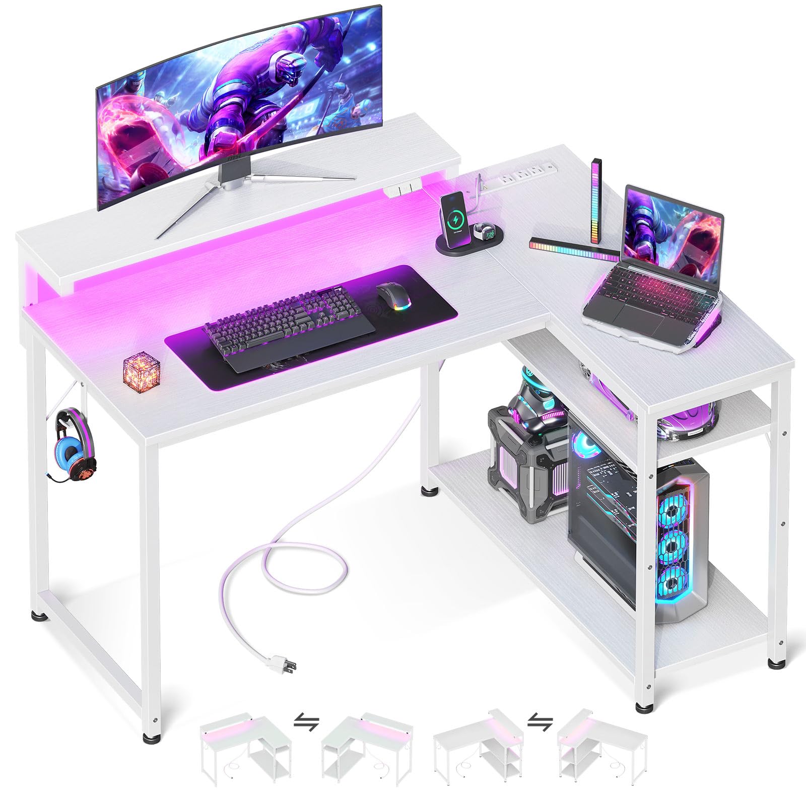 White L-Shaped Gaming Desk with Power Outlet & LED Lights - 43 Inch Reversible Computer Corner Desk with Adjustable Monitor Stand - Perfect for Home Office Setup & Gaming Stations