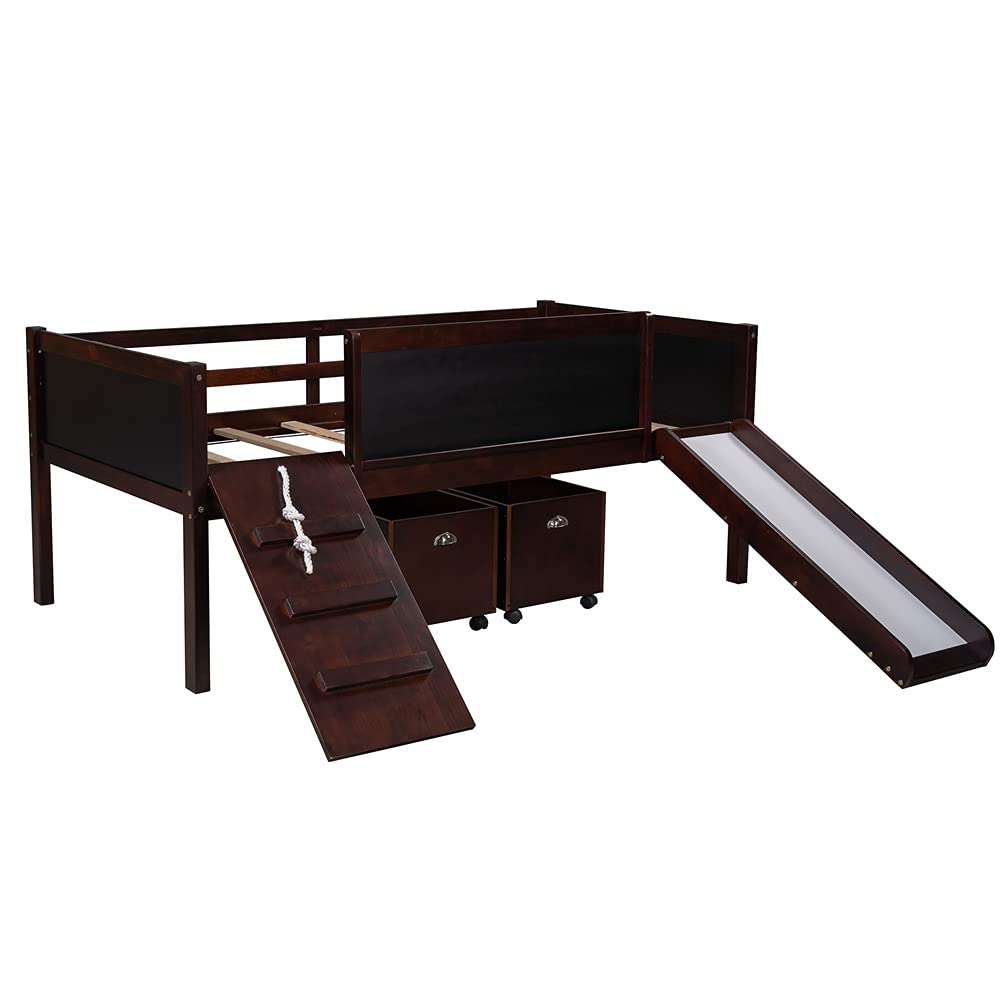 **Twin Size Low Loft Bed with Slide & 2 Storage Boxes - Easy Assembly Wooden Loft Bed (Espresso) - Perfect for Kids' Bedroom, Dorm Room & Small Spaces**