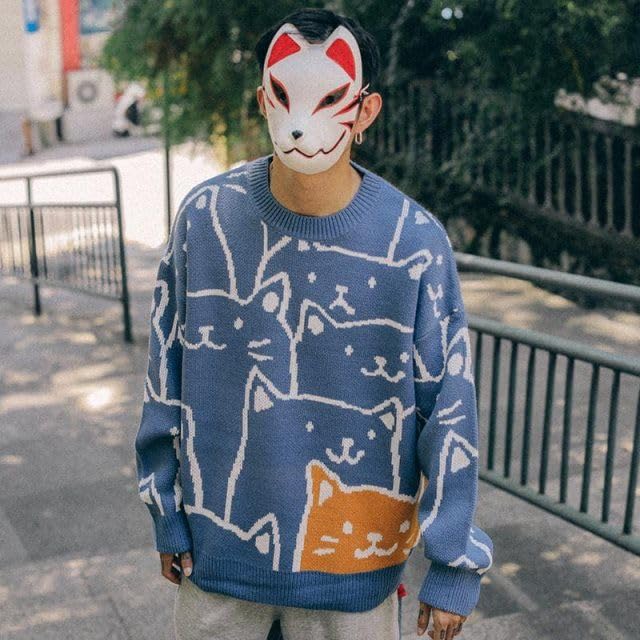 Japanese Gothic Cat Graphic Men's Grandpa Sweater - Emo Alt Crew Neck Knit Long Sleeve Top | Y2K Fashion for Streetwear, Cosplay & Alternative Clothing