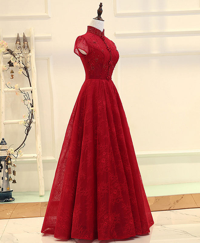 Elegant Burgundy High-Low Lace Long Prom Dress for Women | Formal Evening Gown for Homecoming, Wedding, and Special Occasions