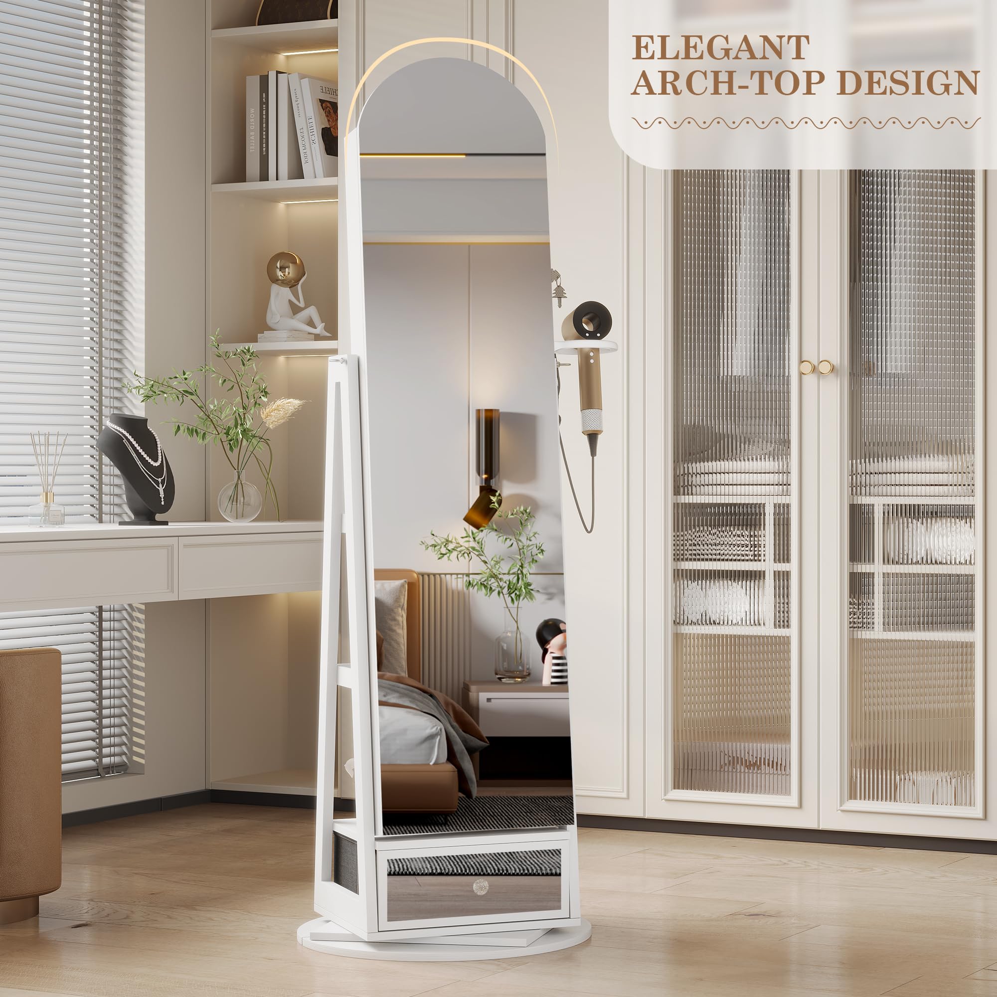 360° Swivel Arched Jewelry Mirror Cabinet with LED Lights - 64