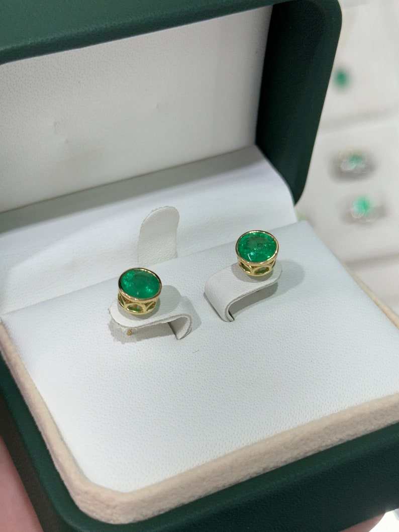 2.14tcw 18K Gold Round Cut Vivid Rich Green Bezel Set Emerald Stud Earrings for Women - Perfect for Weddings, Parties & Special Occasions