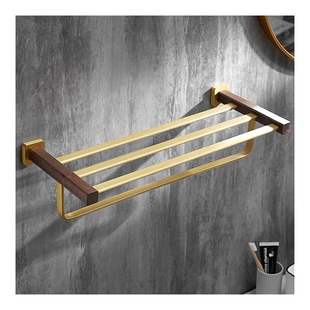 Premium Aluminum & Wood Towel Rack - 60CM Brushed Gold Wall Mounted Bathroom Towel Holder with Nail Punched Design | Durable Bath Hardware for Spa, Hotel & Home Decor (Towel Rack A)
