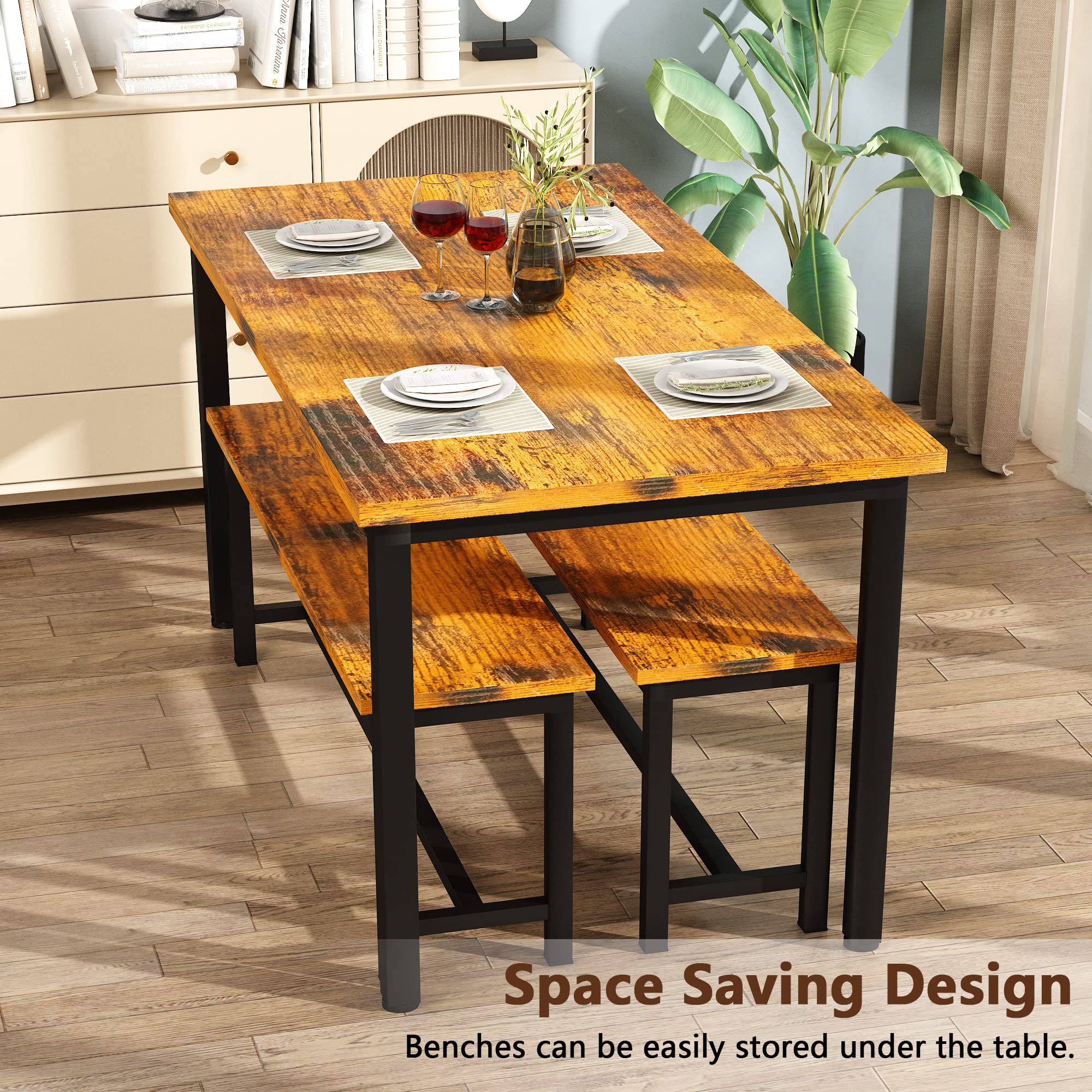 Lamerge 4-Person Kitchen Dining Table Set with 2 Benches - Rustic Brown Space Saving Design 43.3