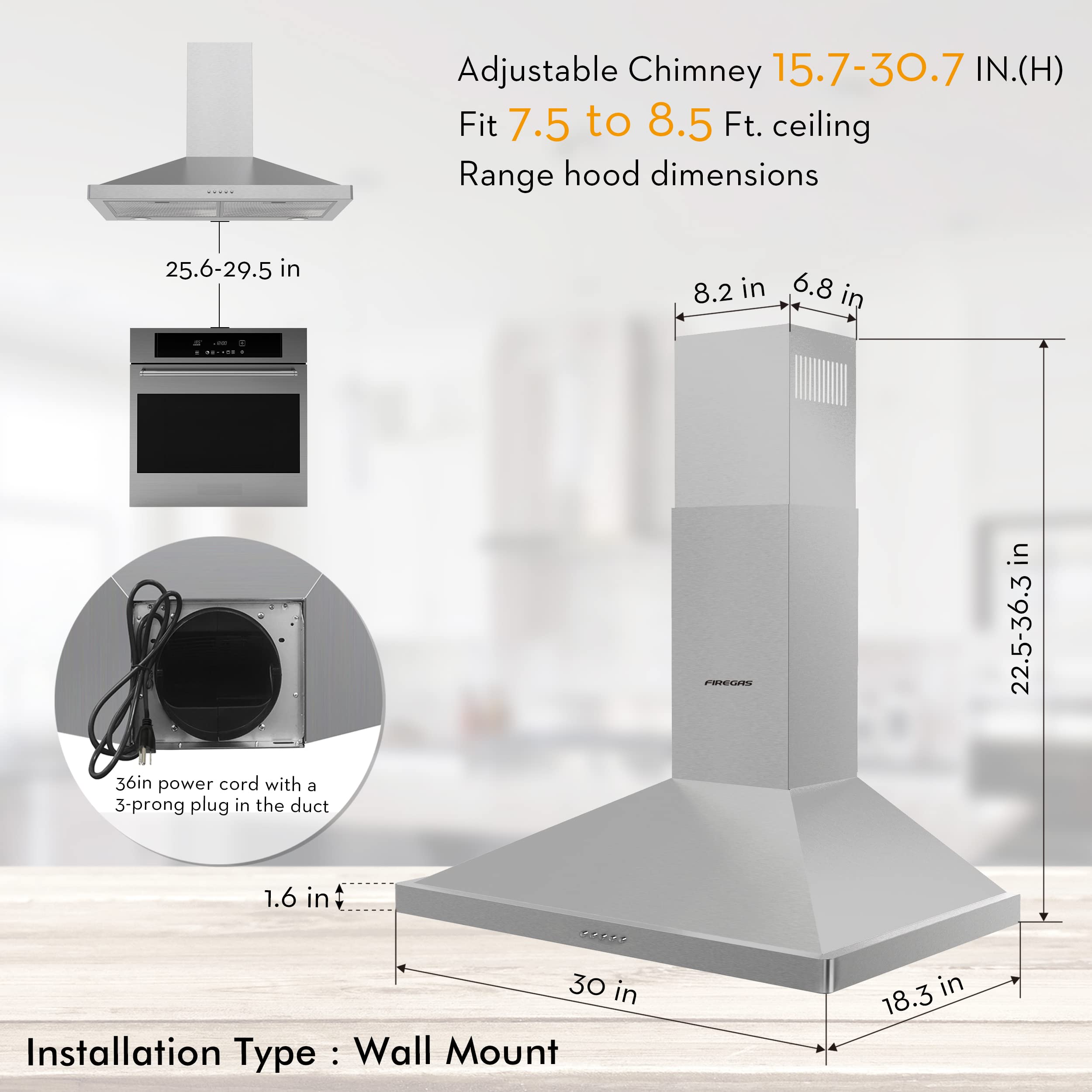 FIREGAS 30-inch Wall Mount Range Hood - 400 CFM Stainless Steel Kitchen Vent Hood with 3-Speed Exhaust Fan | Ducted/Ductless Convertible Design, LED Lights & Push Button Controls | Includes Charcoal Filters - Perfect for Modern Kitchens & Home Renovations