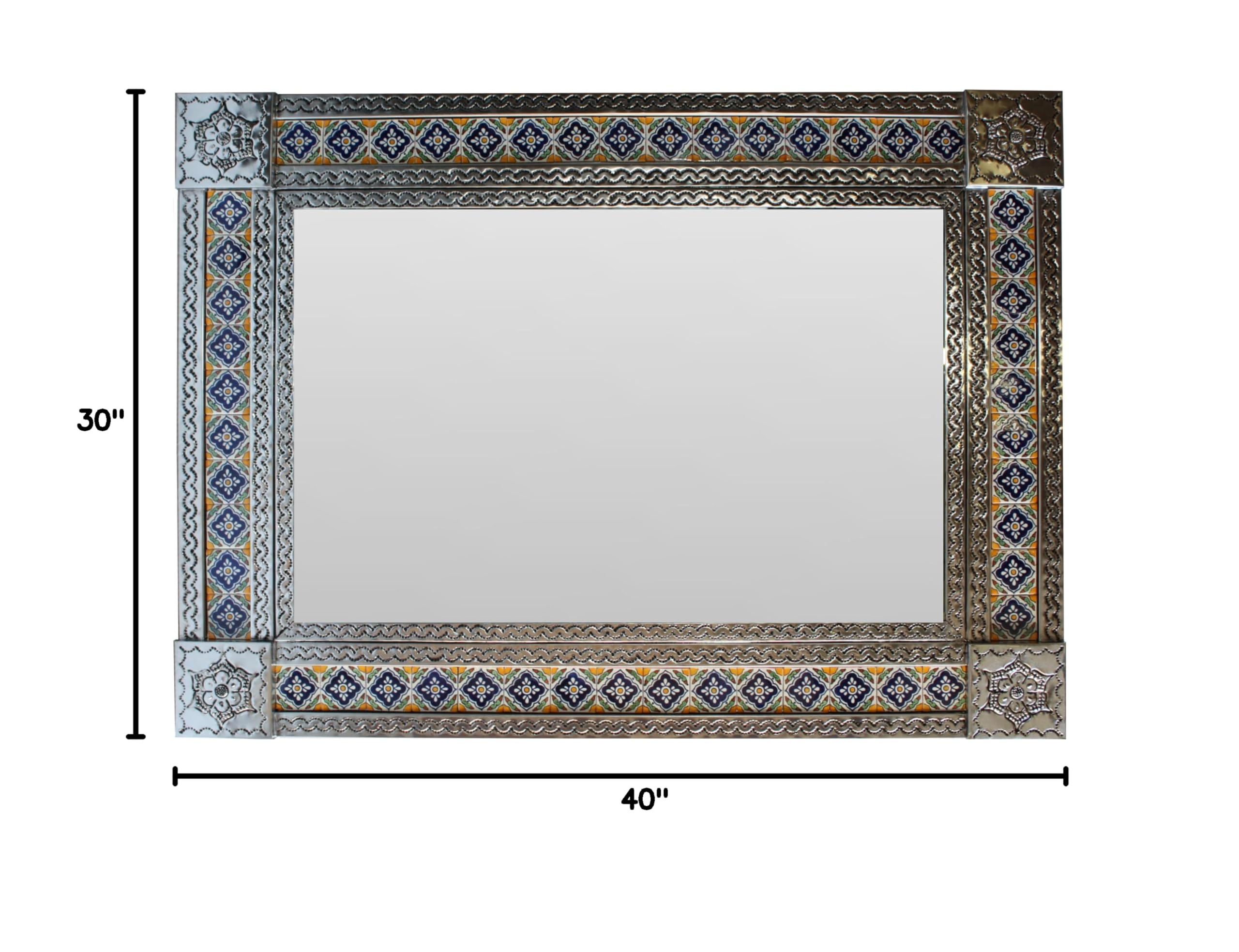 Large Silver Guadalajara Tile Mexican Wall Mirror - Handcrafted Mexican Folk Art Decor for Living Room, Bedroom, or Bathroom