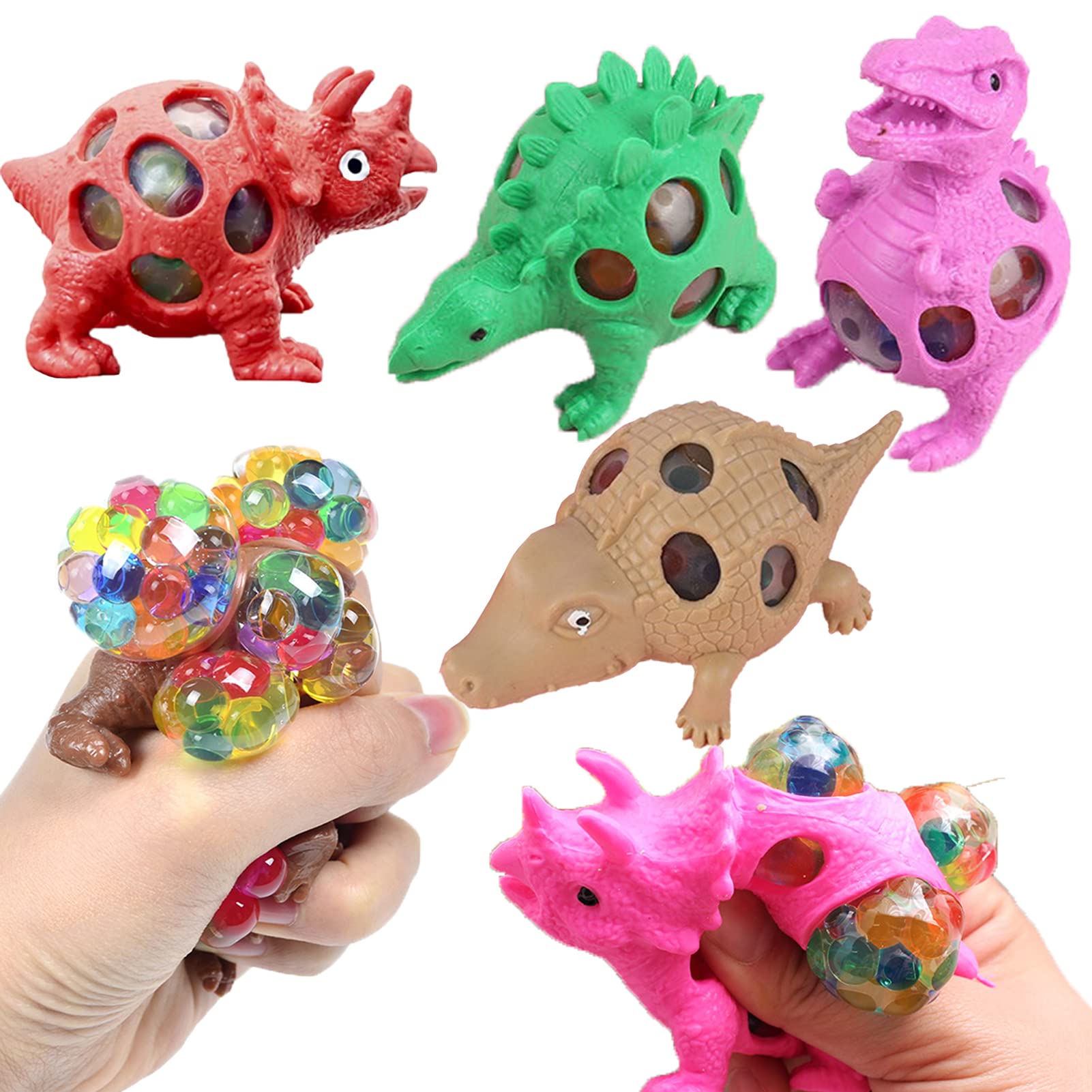 Dinosaur Stress Balls Fidget Toys - 4 Pack Squishy Sensory Toys for Kids & Adults with Autism/ADHD - Hand Exercise Stress Relief Squeeze Balls for Office, Classroom & Home Relaxation - Bulk Party Favors & Gift Ideas