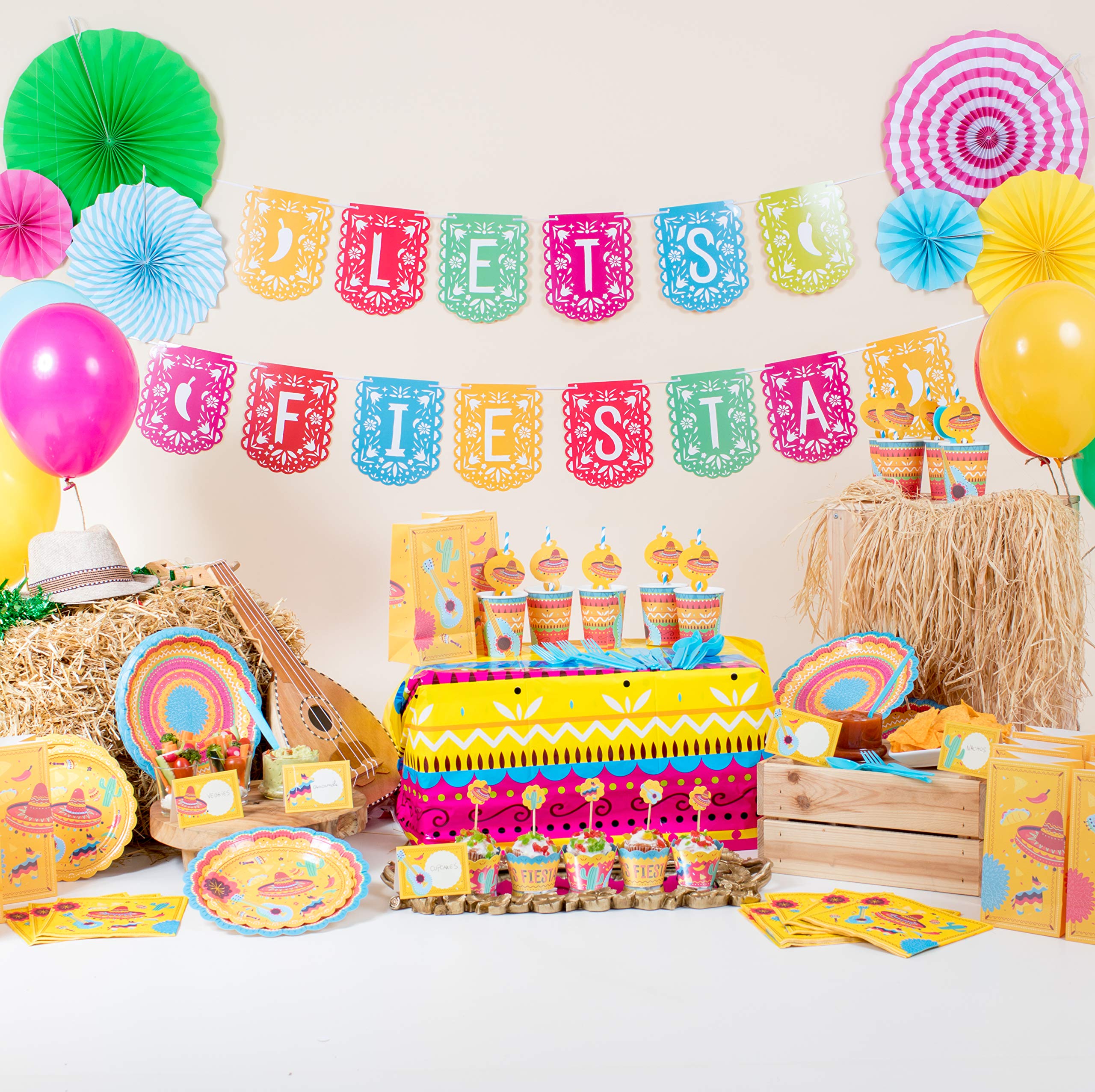Vibrant Mexican Fiesta Party Supplies Set - 16 Large Dinner Plates, 16 Dessert Plates, 16 Cups & 16 Napkins | Perfect for Cinco de Mayo, Birthday Parties, Taco Nights & Themed Celebrations | Durable Disposable Tableware for Outdoor Gatherings & Family Events
