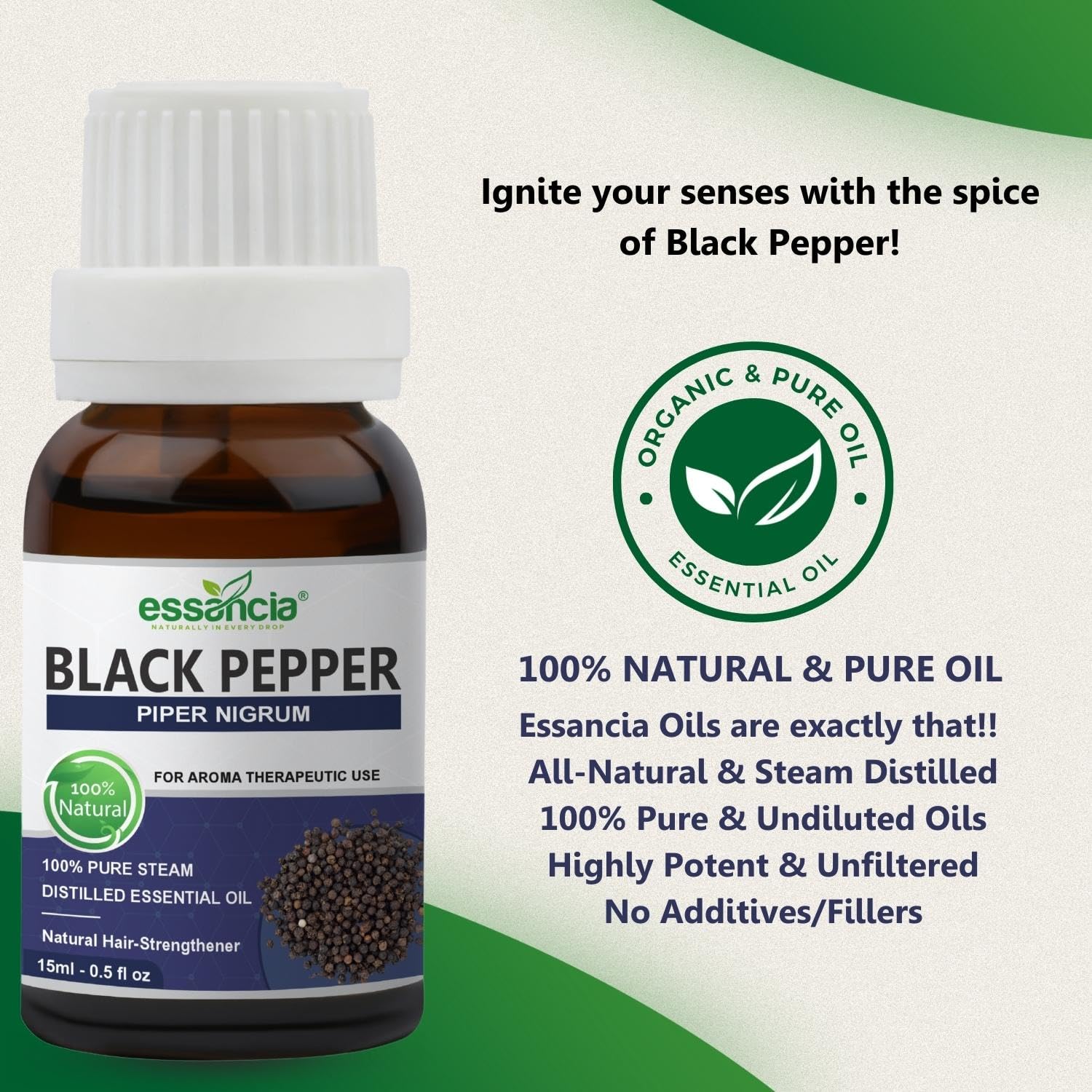 Essancia 100% Pure Black Pepper Essential Oil - Natural, Undiluted Therapeutic Grade for Aromatherapy, Energy Boost & Wellness (15ml) - Perfect for Diffusers, Massage & DIY Skincare