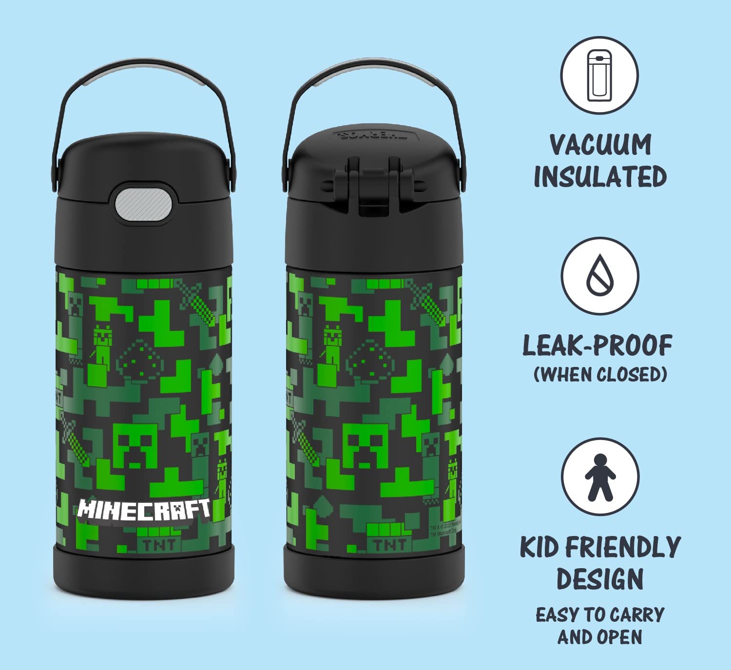 THERMOS FUNTAINER 10oz Stainless Steel Vacuum Insulated Kids Food Jar with Spoon & 12oz Straw Bottle | Minecraft Themed | Leakproof Lunch Box for School, Picnic & Outdoor Activities