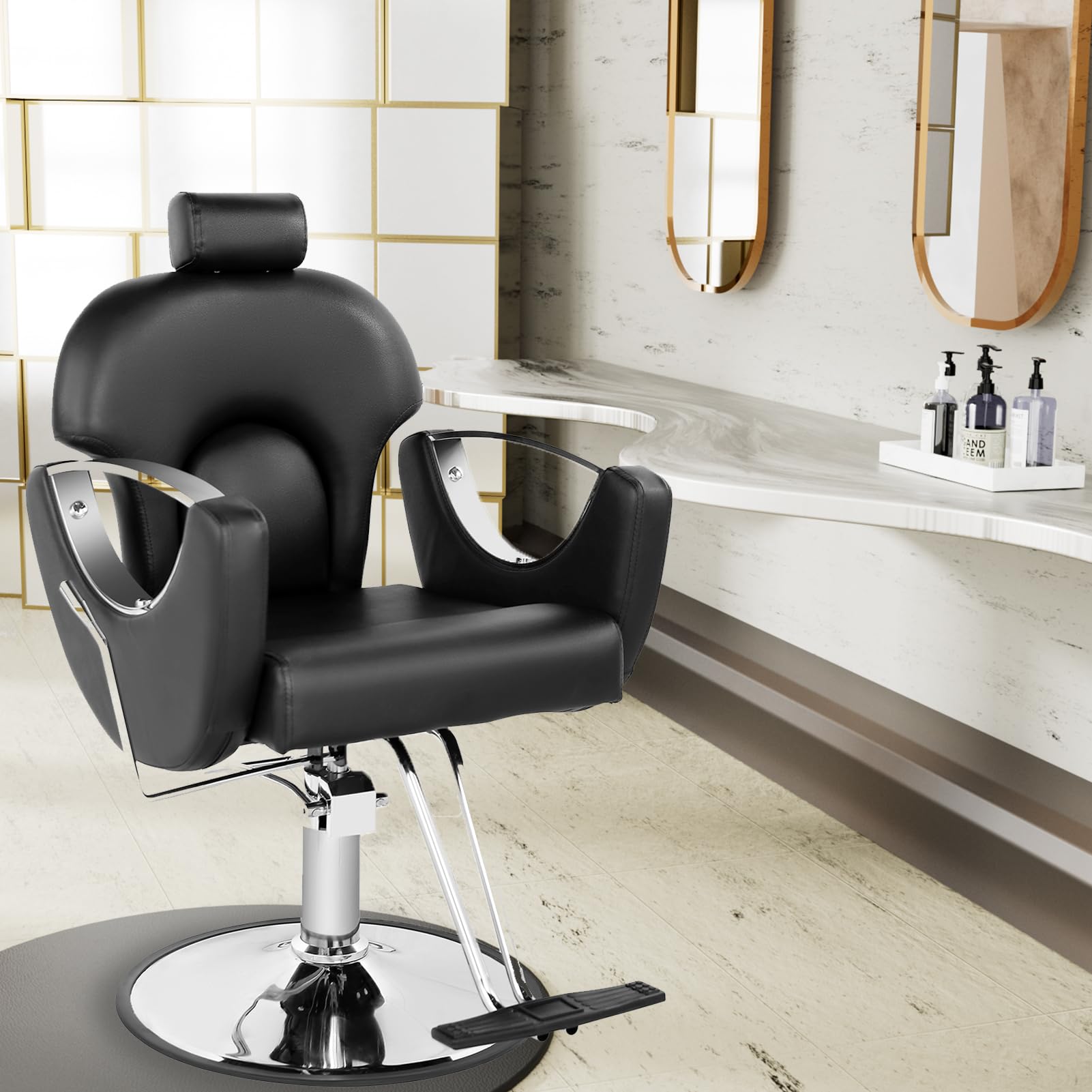 Professional Black Hydraulic Salon Chair for Hair Stylists & Barbers - 360° Swivel, 130° Recline with Adjustable Footrest - Perfect for Home Barbershops, Hair Salons & Braiding Studios