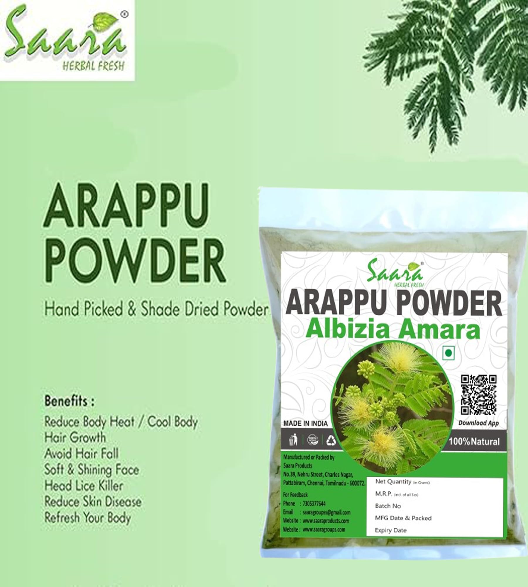 Saara HERBAL FRESH Arappu Powder 400g (4 x 100g) | Natural Albizia Amara & Usilam Green Arappu for Hair Wash & Scalp Care | Promotes Hair Growth & Reduces Dandruff | Perfect for Ayurvedic Hair Treatment & DIY Hair Masks