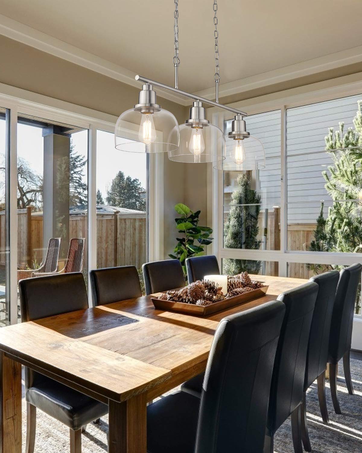 EAPUDUN 3-Light Kitchen Island Pendant Lighting - Farmhouse Style Brushed Nickel Ceiling Light with Clear Glass Shades for Dining Room, Bar, Pool Table & More (Model PDA1125-BNK) | Perfect for Modern Farmhouse, Industrial & Rustic Home Decor