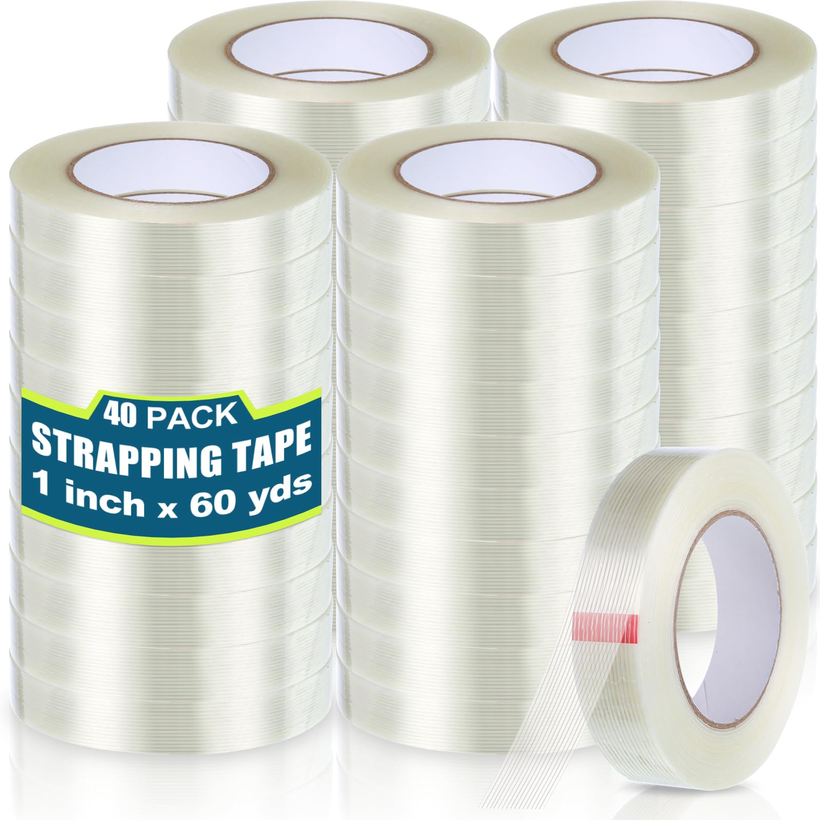 Treela 40 Rolls 1 Inch x 60 Yards Heavy Duty Fiberglass Strapping Tape - 5.5 Mil Transparent Packing Tape for Shipping, Sealing & Binding | Secure Packages, Bundle Items, Fix Broken Objects - Durable Reinforced Packing Solution for Home & Office Use