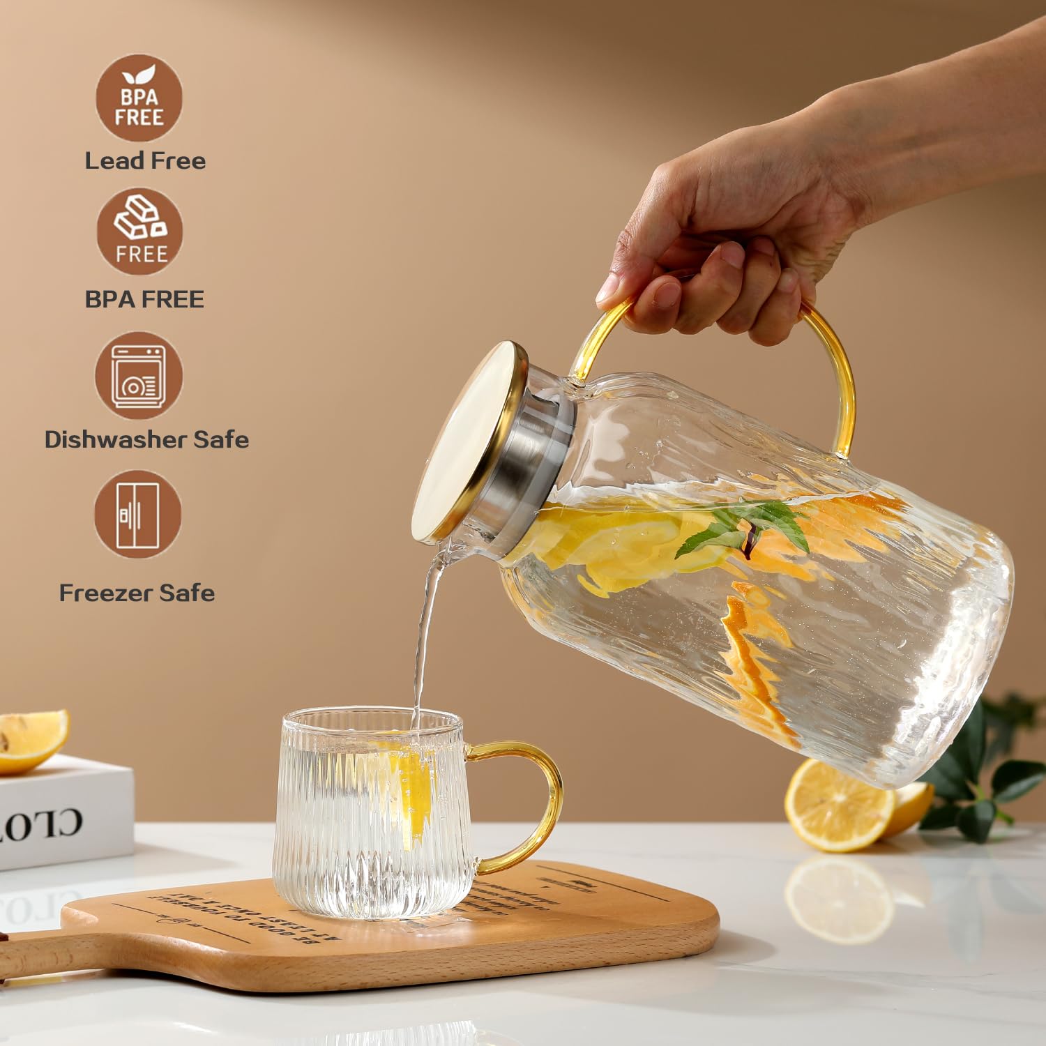68 oz (2 Liter) Large Glass Pitcher with Lid - Heat Resistant Water Pitcher with Handle for Juice, Milk, Cold & Hot Drinks - Perfect for Kitchen, Dining, Parties & Mother's Day Gifts