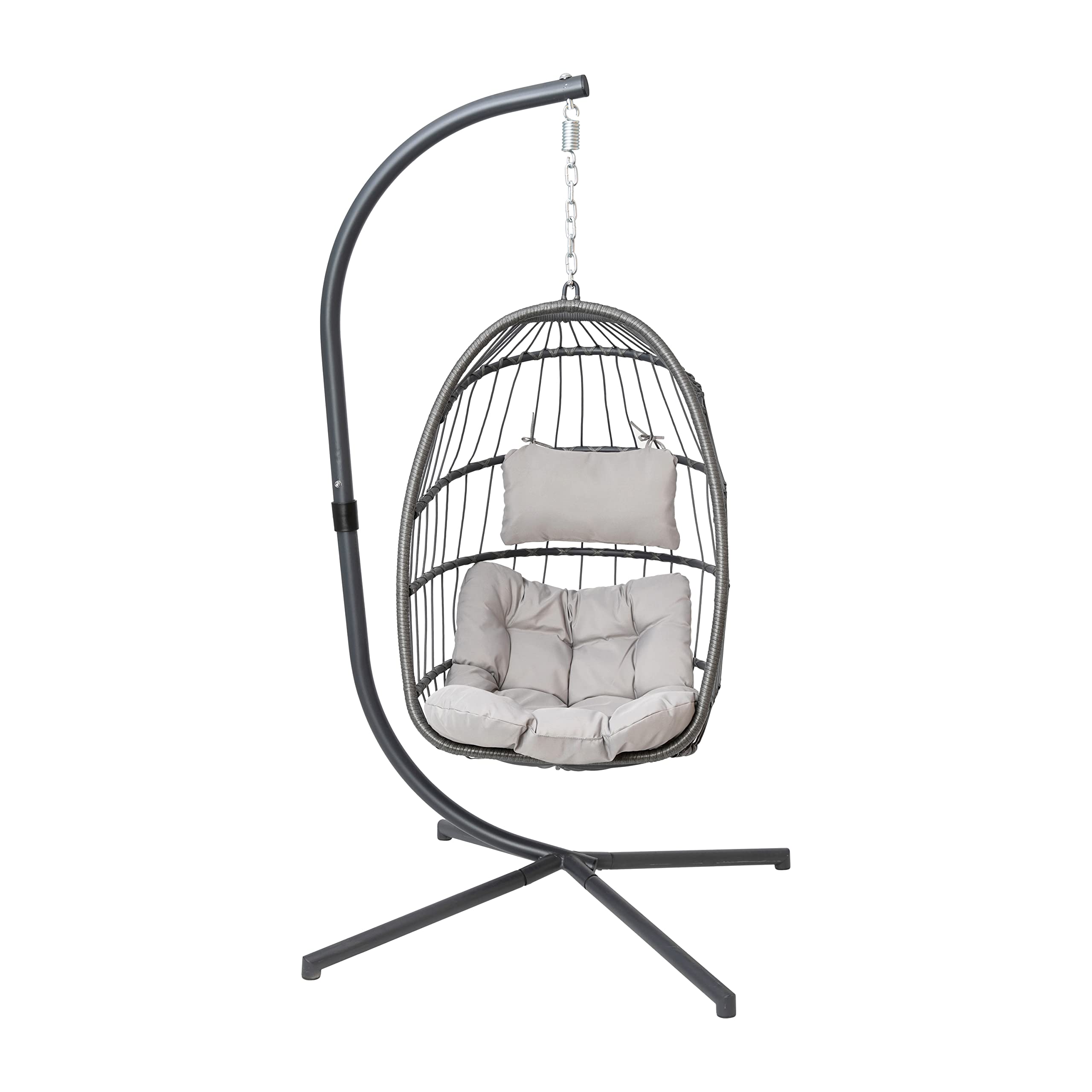 Flash Furniture Cleo Indoor/Outdoor Hanging Egg Chair with Gray Frame & Cushions - Black Powder-Coated C-Stand - Perfect for Patio, Garden, Poolside & Balcony Relaxation