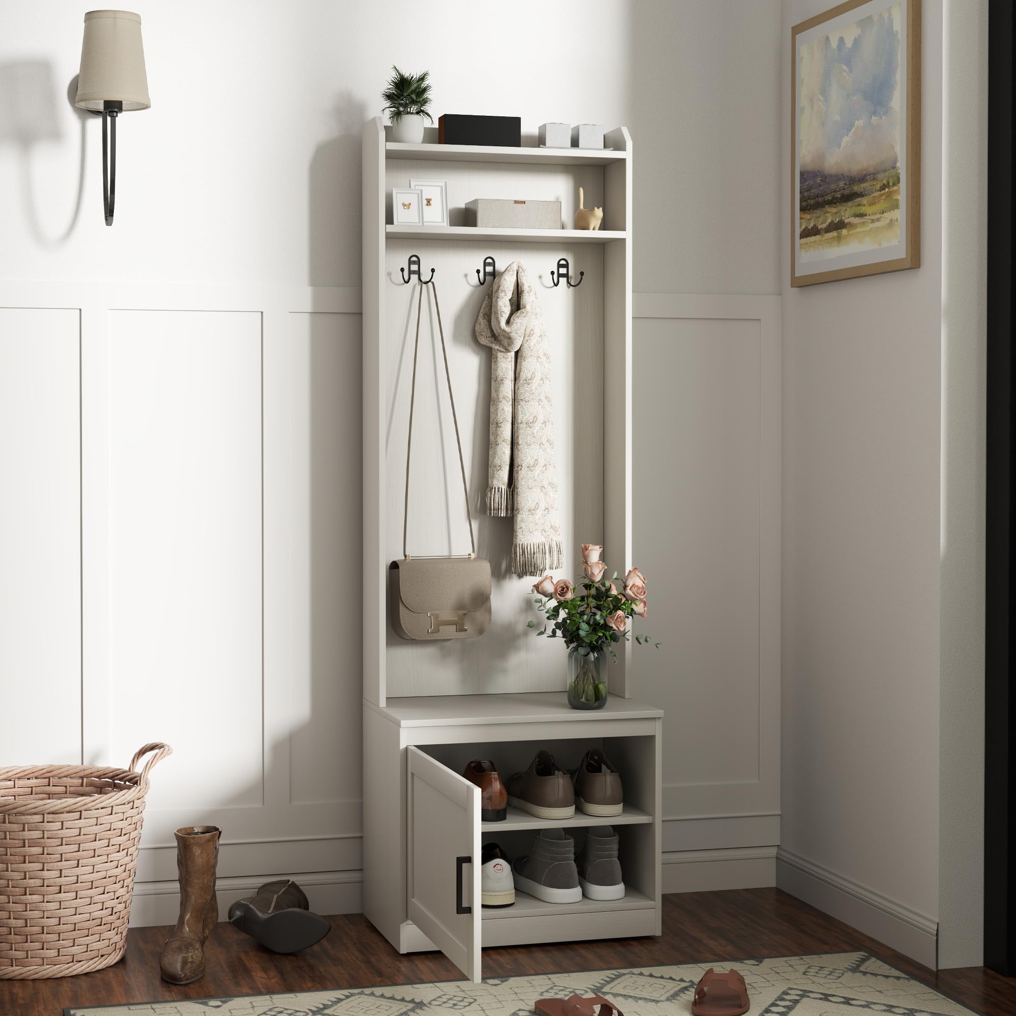 HOMCOM Narrow Hall Tree with Shoe Storage Bench - Rustic Entryway Coat Rack with Shelves for Hallway, Mudroom & Foyer - White Wood Grain Finish for Home Organization & Space Saving