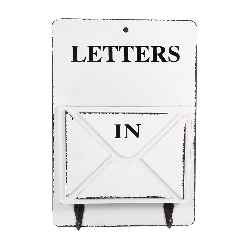 Wall Mount Mail Organizer - Wooden Letter Sorter with 2 Hooks, Paper Holder & Key Rack for Home Office, Kitchen, Entryway - White (W261803) - Perfect for Organizing Mail, Bills, Keys & Small Essentials
