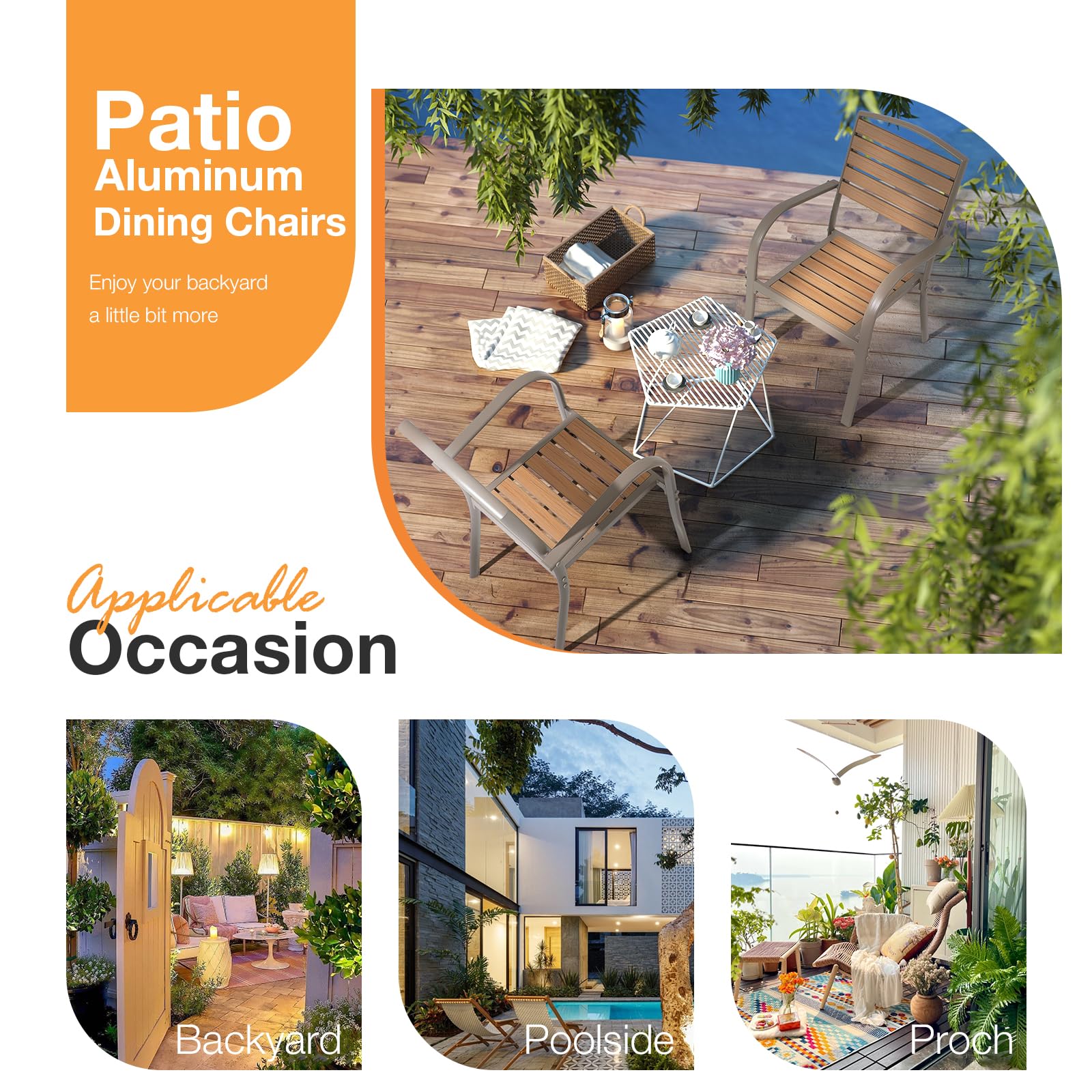Premium Aluminum Outdoor Dining Chairs Set of 2 - Stackable All-Weather Patio Chairs with Armrests, Faux Wood Finish in Teakwood Brown - Perfect for Backyard, Garden, Restaurant & Bistro Settings