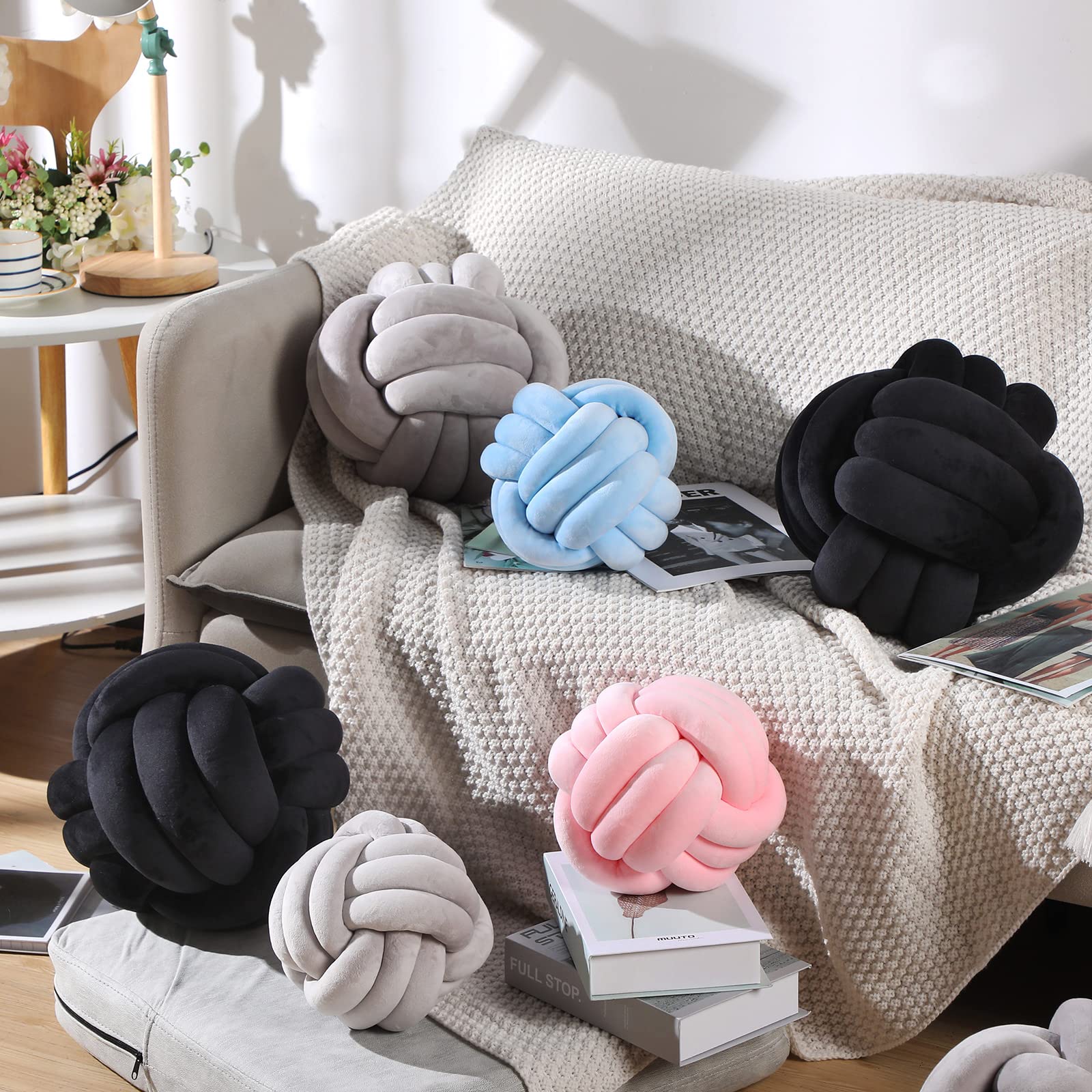 Namalu 2-Pack Plush Stress Relief Knot Pillows - 10.6 Inch Round Decorative Throw Pillows for Sofa, Bed & Home Decor (Black) | Anxiety Relief & Cozy Living Room Accents