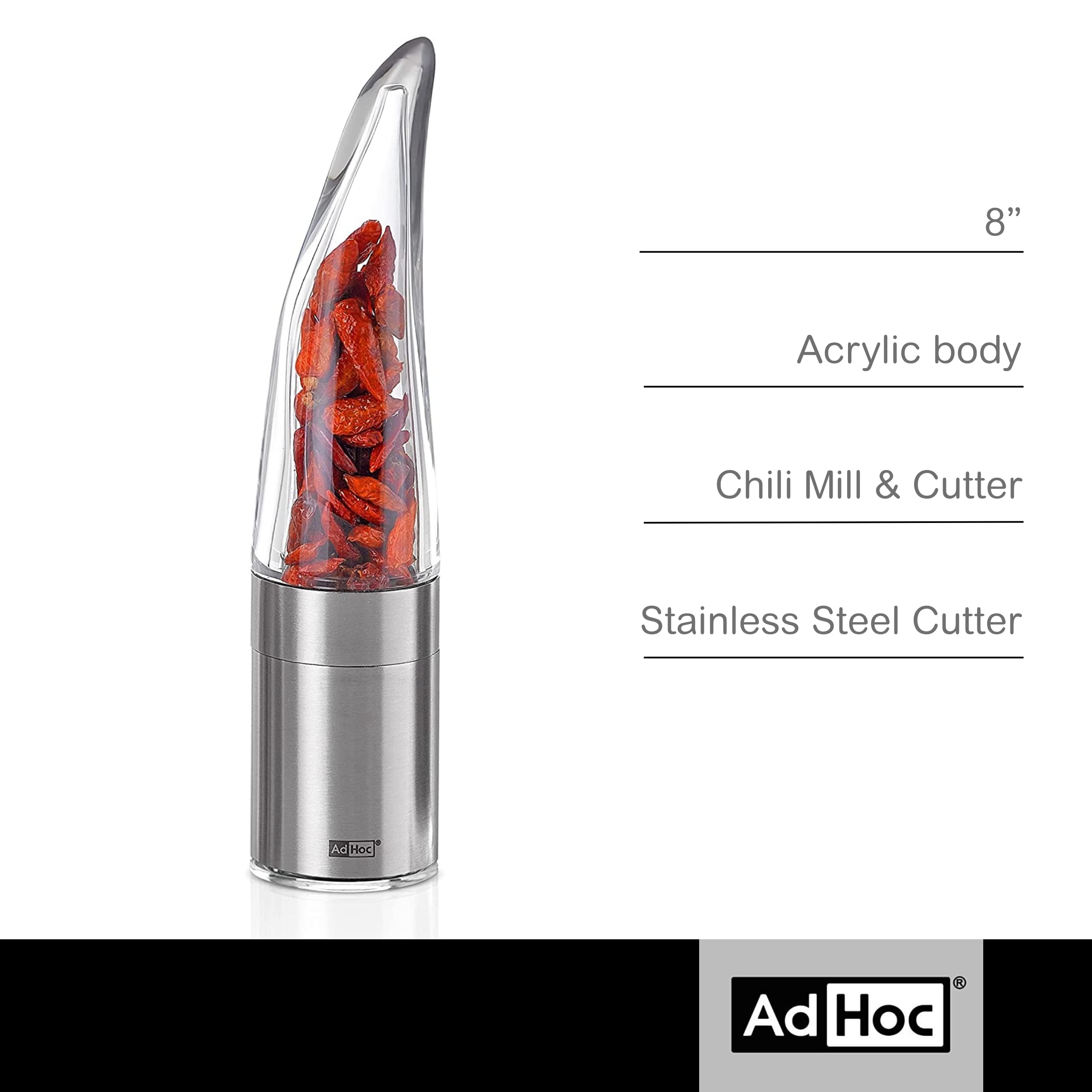 AdHoc Pepe Chili Cutter and Spice Grinder - Stainless Steel & Acrylic Manual Mill for Dried Chili, Herbs & Spices - Easy Clean with Stainless Steel Blades - Perfect for Cooking, Baking & Seasoning Dishes