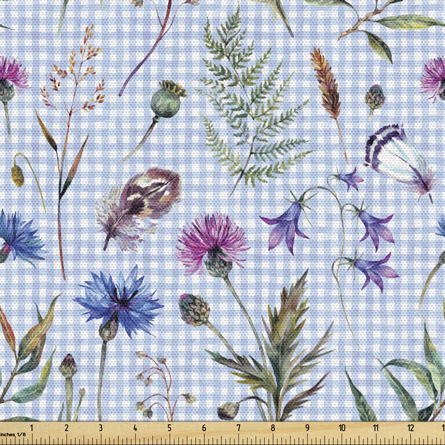 Ambesonne Thistle Floral Fabric by The Yard - Spring Themed Checkered Pattern Upholstery Material for Sofa, Curtains & Home Decor (3 Yards, Multicolor) | Perfect for DIY Projects, Pillow Covers & Table Runners