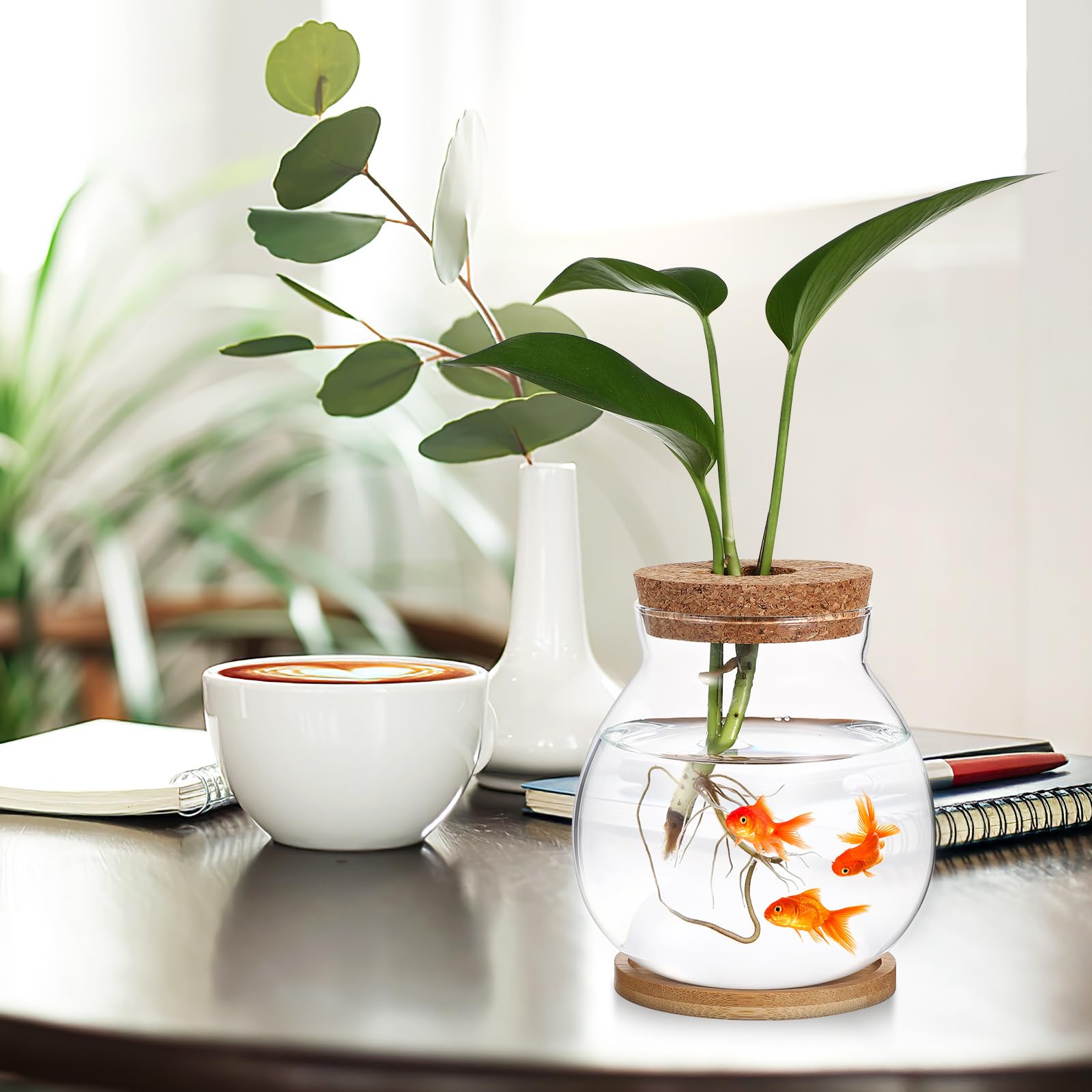 Balacoo Clear Glass Desktop Hydroponic Fish Bowl with Bamboo Cushion & Wood Lid - Small Betta Fish Tank & Plant Terrarium for Home Office Decor | Perfect for Desk Decor, Zen Gardens, and Indoor Plant Displays