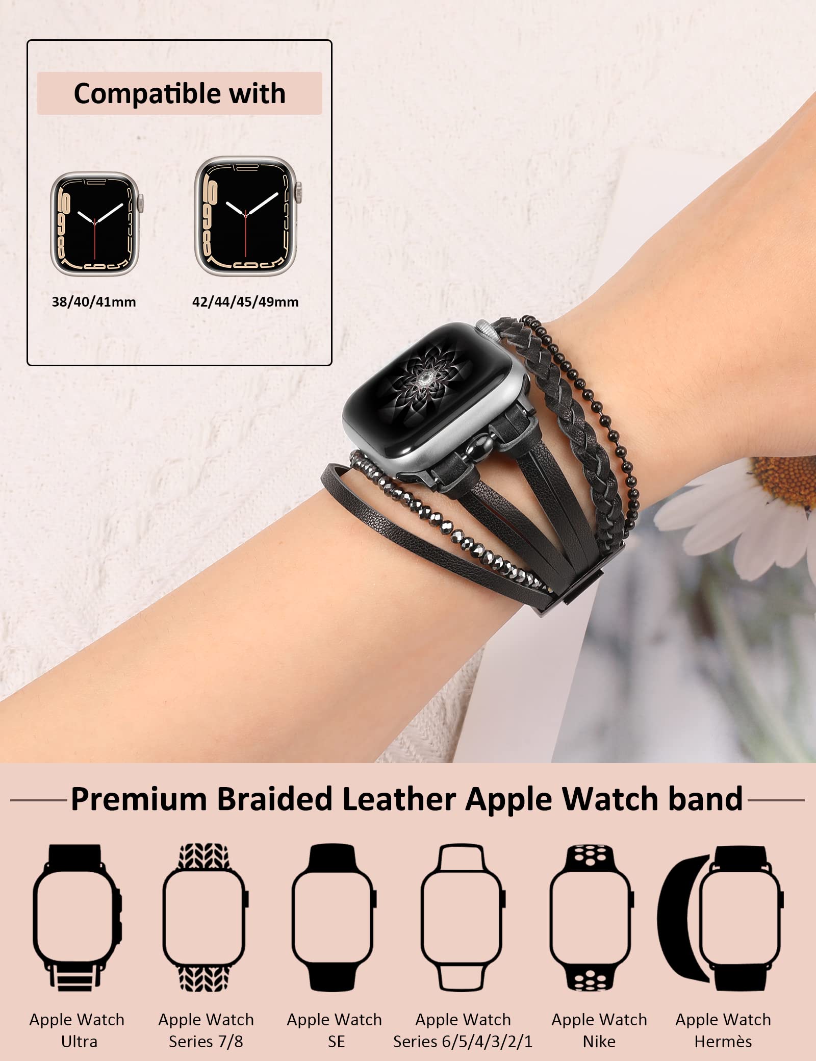 Boho Leather Apple Watch Band 38mm 40mm 41mm 42mm - Handmade Beaded Strap Compatible with Apple Watch Series 10/9/8/7/6/5/4/3/2/1/SE - Stylish Wristband for Women - Perfect for Casual Wear, Boho Fashion & Everyday Accessories